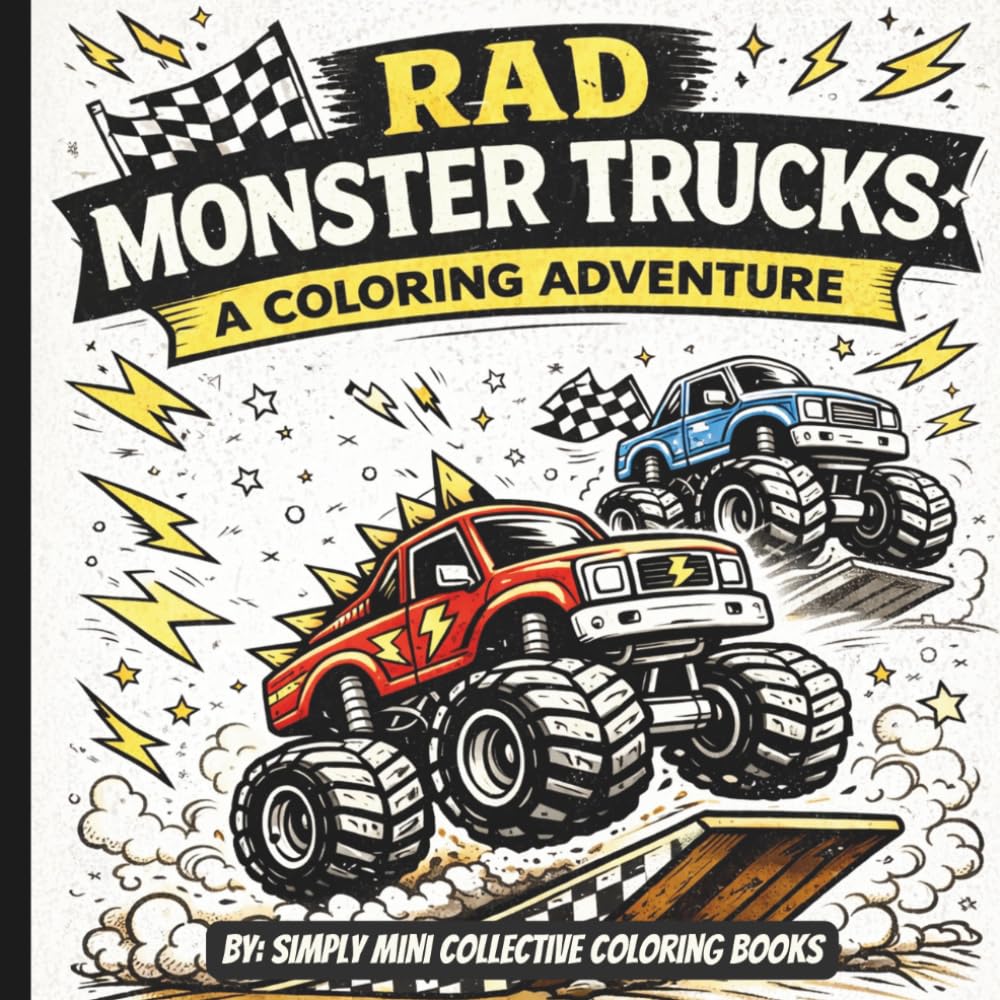 Rad Monster Trucks - A Coloring Adventure For Kids: A fun coloring book full of big tire trucks, racing Scenes, dinosaur Trucks, space Trucks, stunts ... pages with bold, easy designs for kids