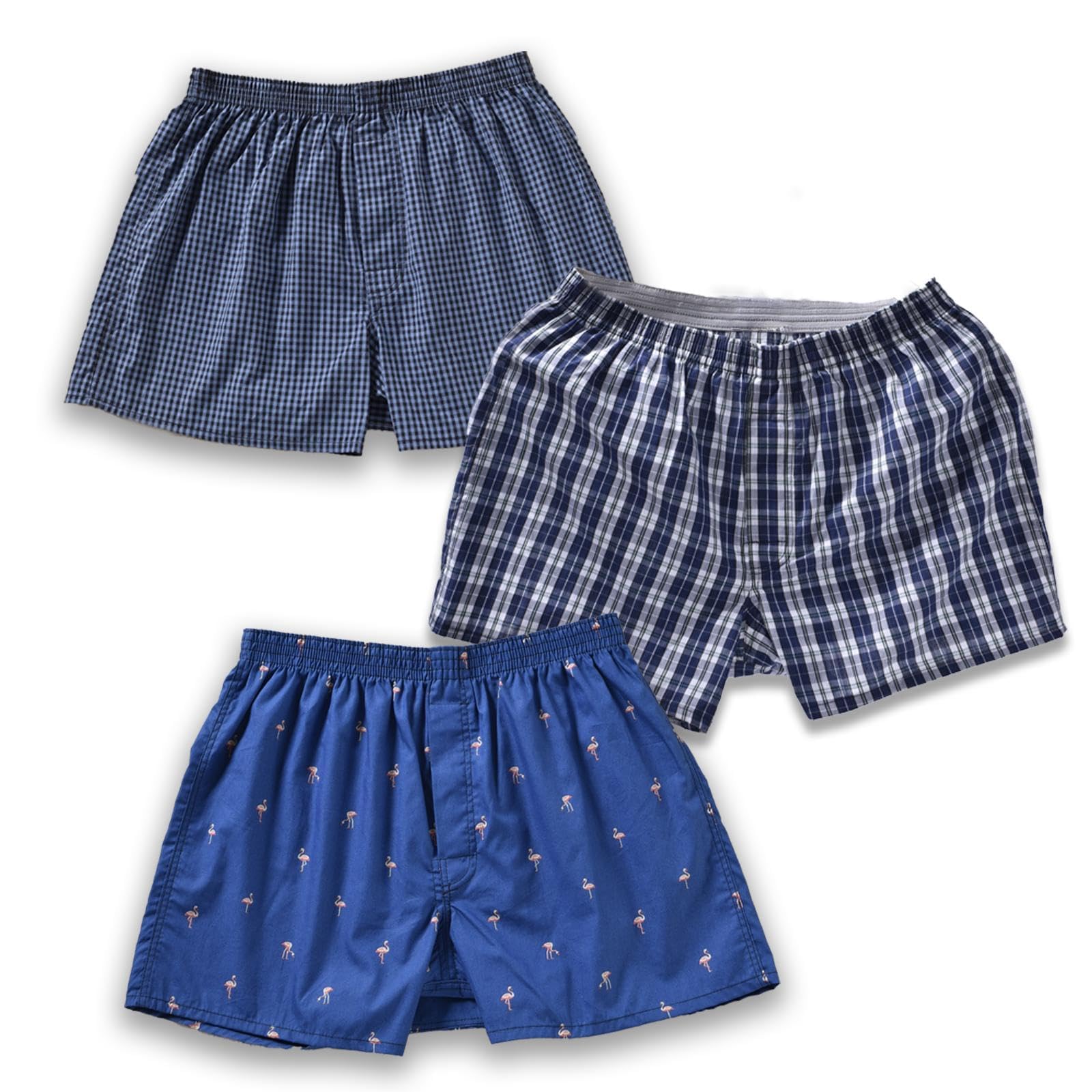 Mens Boxer Shorts for Men 100 Cotton Funny Sleep Short Inseam Woven Pattern Plaid Pajamas Multipacks