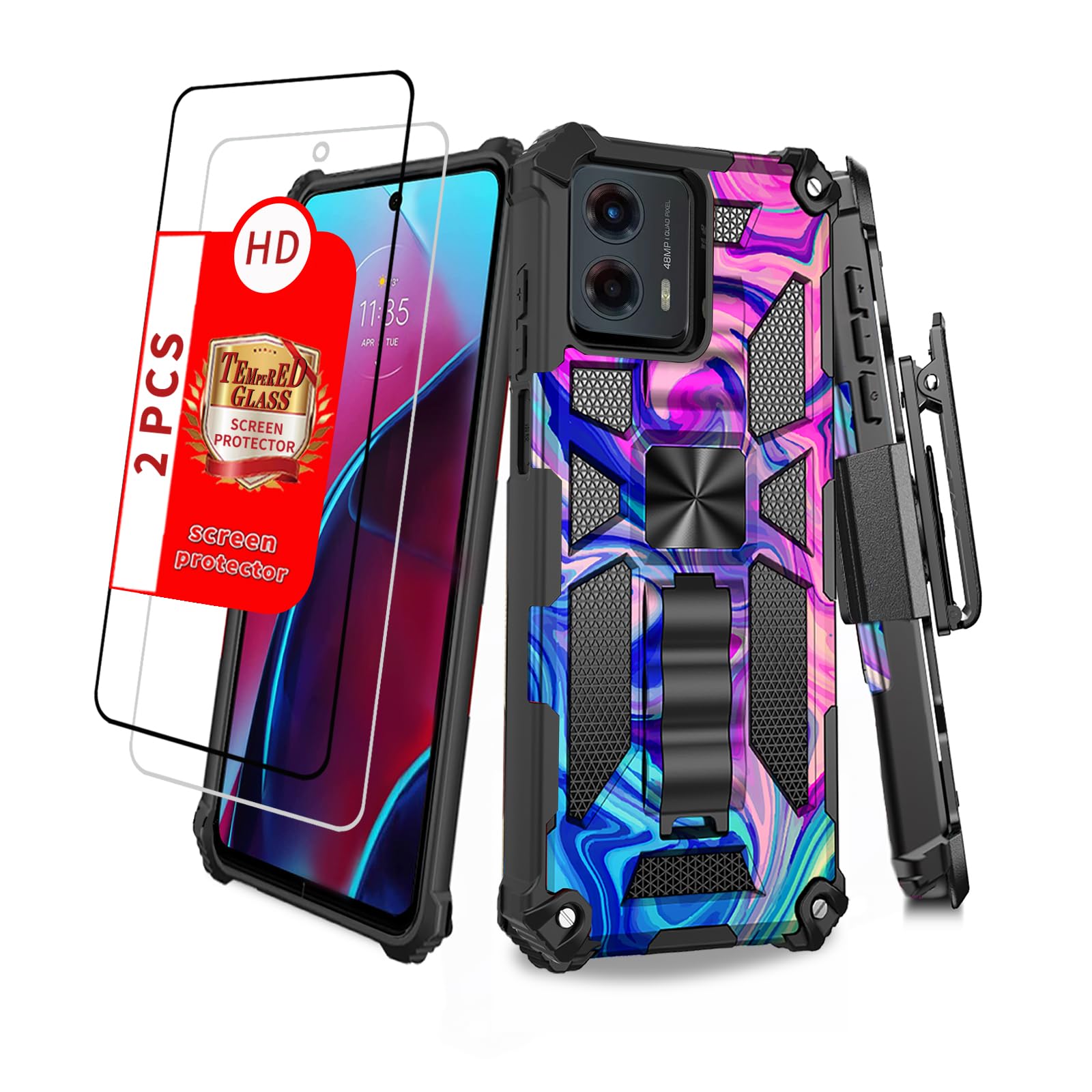 Military Grade Shockproof Phone Case for Moto G 5G 2023 with Screen Protector, Built-in Kickstand, Holster, Belt Clip, and Camouflage Design (Pink