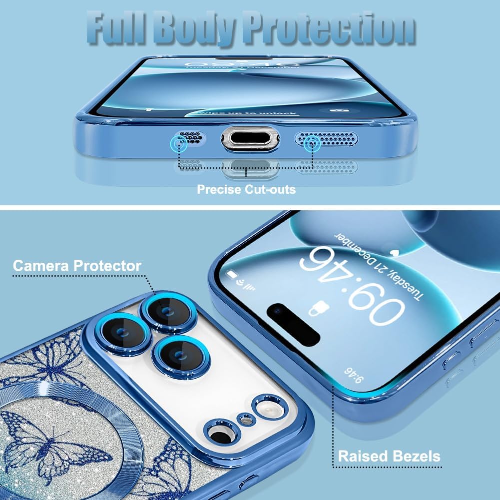 Case Fit for iPhone 17 Pro Max 6.9 Inch [Compatible with MagSafe] Glitter Bling Magnetic Phone Case [2 Pieces of Butterfly Design Insert] Soft TPU Shockproof Phone Cover for Women - Blue - Image 4