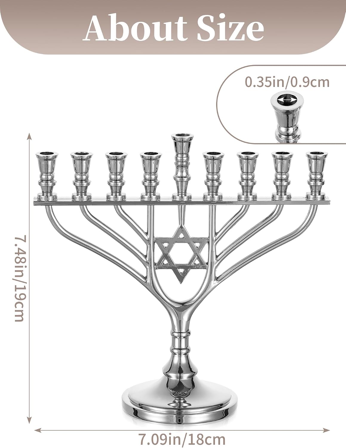 Sziqiqi Hanukkah Menorah 9 Branch: Silver Traditional Menorah with Star of David - Small Chanukah Candle Holder Zinc Alloy 7.48” Tall for Holiday Travel Window Office