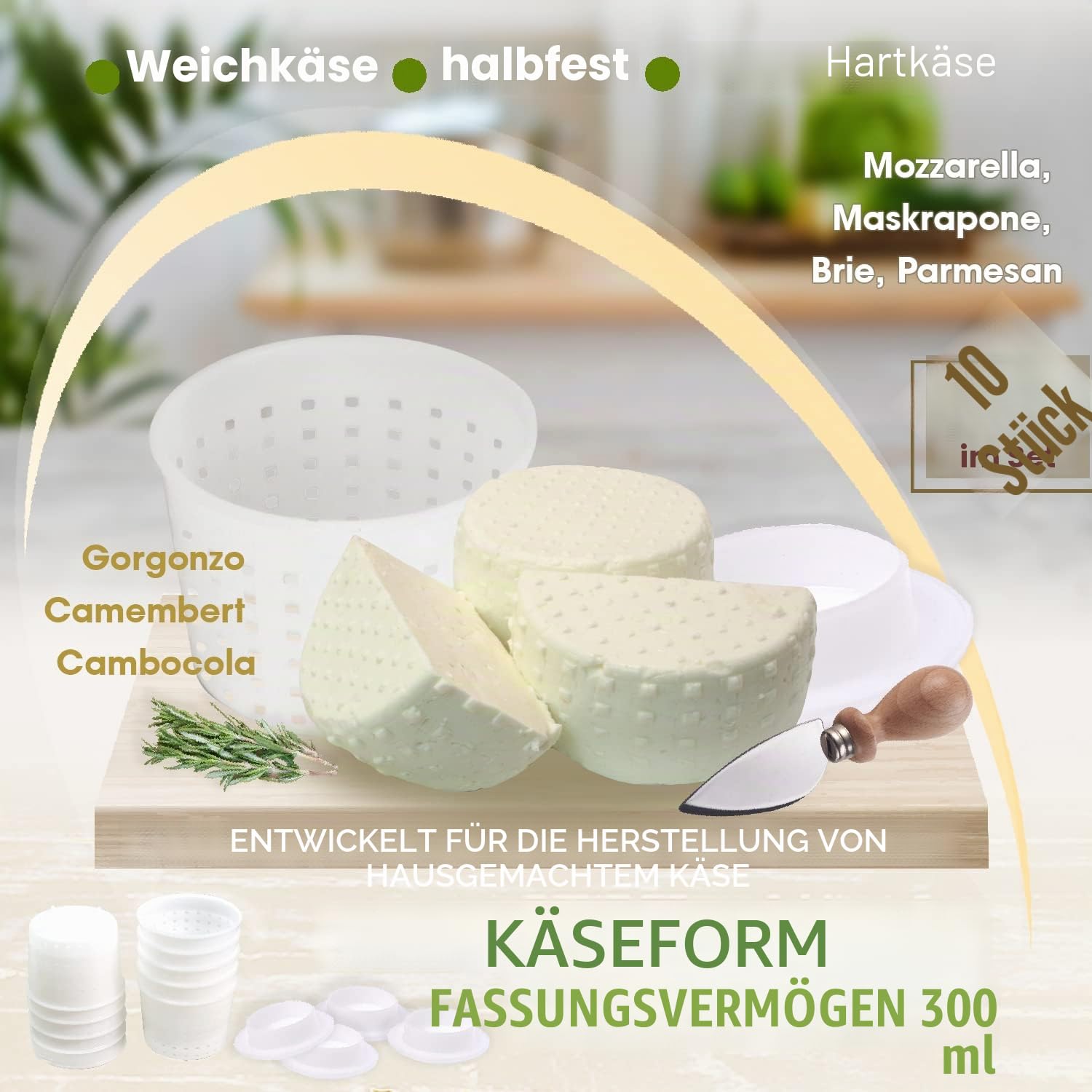 10 Stück Käseformen + Kolben – Basic Käseform 300 ml + Follower Kolben – Käseherstellungsset mit Kolben – Käseform für die Käseherstellung – Käse-Set für Presse