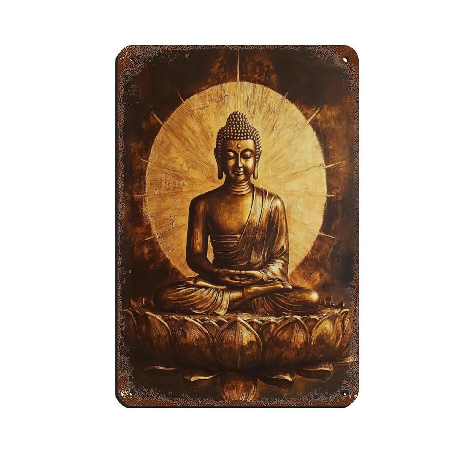 Golden Buddha on Lotus Flower, Radiant Zen Art Retro Poster Metal Tin Sign Chic Art Retro Iron Painting Bar People Cave Cafe Family Garage Poster Wall Decoration 8x12inch(20x30cm)