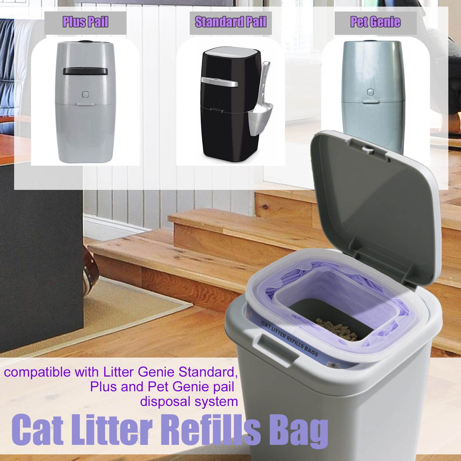 10 Piezas Recambios Cubos de Pañales,compatibles Litter Genie Standard, Plus,XL,Style,Bolsas de Recambio para Arena para Gatos,Super Control de olores，púrpura