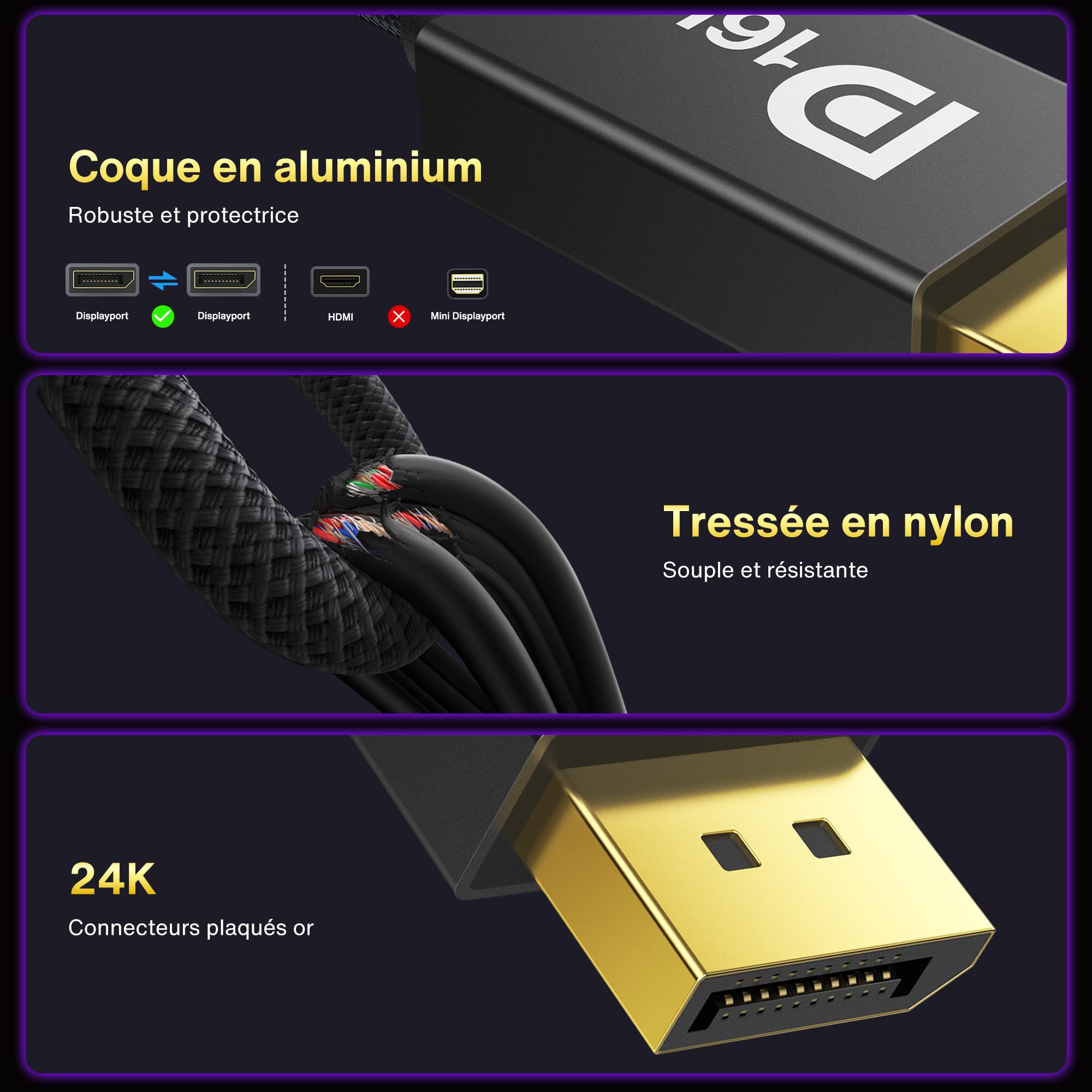 IVANKY 80Gbps 16K Câble DisplayPort 2.1 16K@60Hz, 8K@240Hz, 4K@540Hz/480Hz/240Hz, Câble DP 2.1 Supporte HDR DSC1.2a HDCP2.3 UHBR20 FreeSync G-Sync, pour Carte Graphique Moniteur Gaming/PC/HDTV -2M