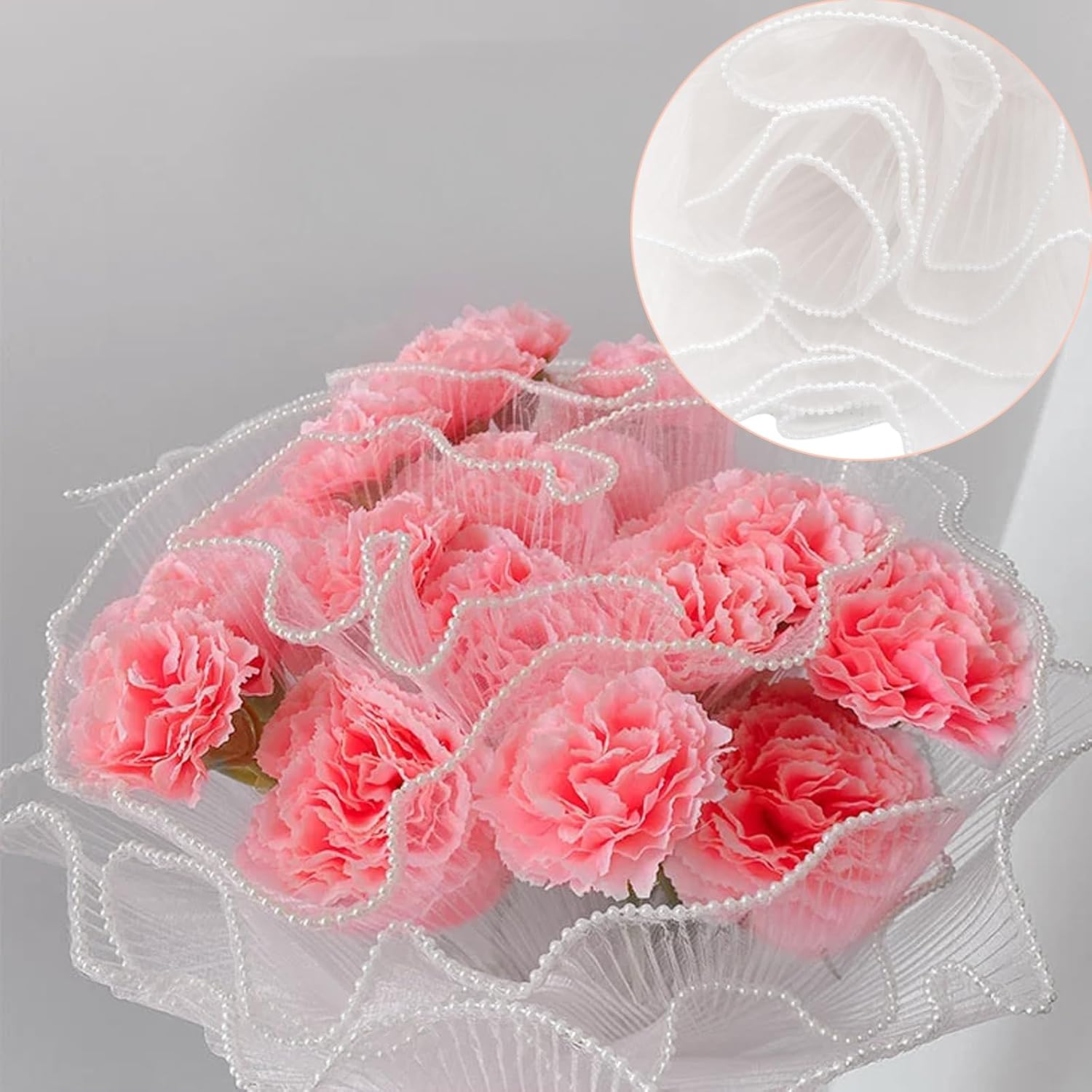Litoexpe 3 Pack Pearl Edge Bouquet Packaging Paper 4.37 Yards, Flower Wrapping Mesh Paper Floral Net Yarn, Wrinkle Waves Paper for Wedding Anniversary Birthday Florist Supplies (White)