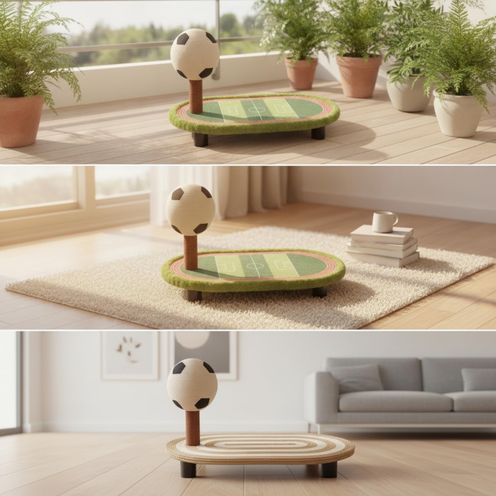 Tiragraffi per Gatti Tavola Ovale Centro Gioco Colonna Verticale con Palla Campo Stampato Superficie Intrecciata Sisal Struttura Stabile Compatta, Colore Canapa Naturale, Medio