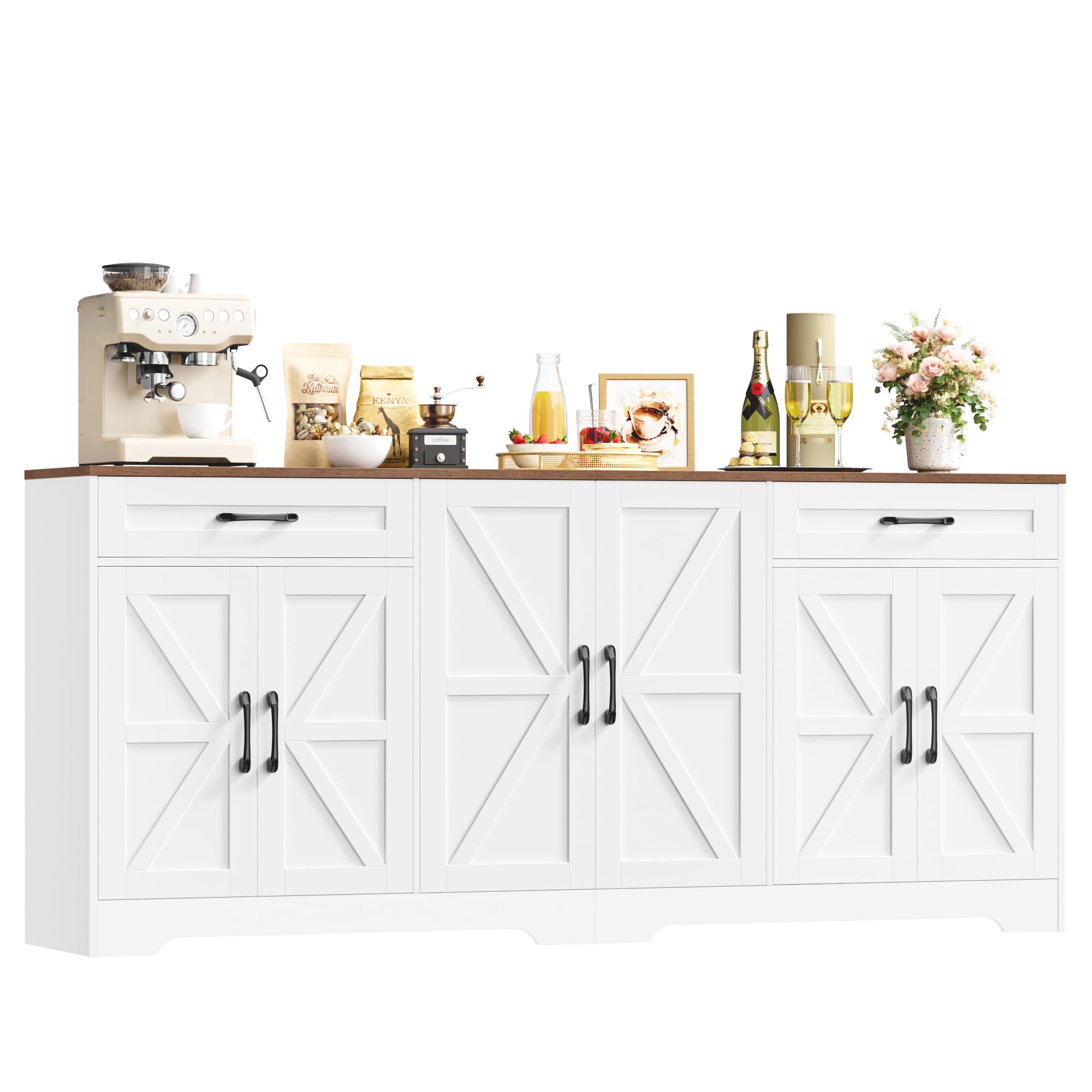 HOCSOK Sideboard, 180cm Large Kitchen Sideboard with 6 Barn Doors & 2 Drawers, Farmhouse Kitchen Cabinet with Adjustable Shelves, Buffet Cabinet for Living Room, Dining Room, White, 180x87x34 cm