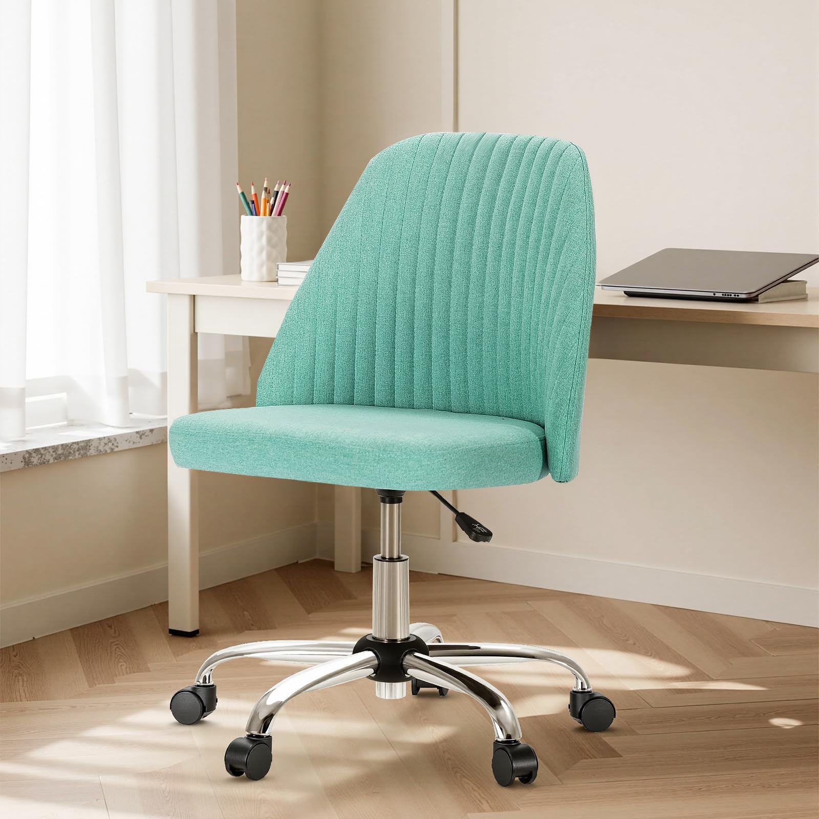 DUMOS Desk Chair, Rolling Vanity Swivel Office Chair with Wheel, Modern Cute Task Chairs with Comfortable Back Seat, Armless Chairs for Home Office Bedroom Study Student Adult,Aqua
