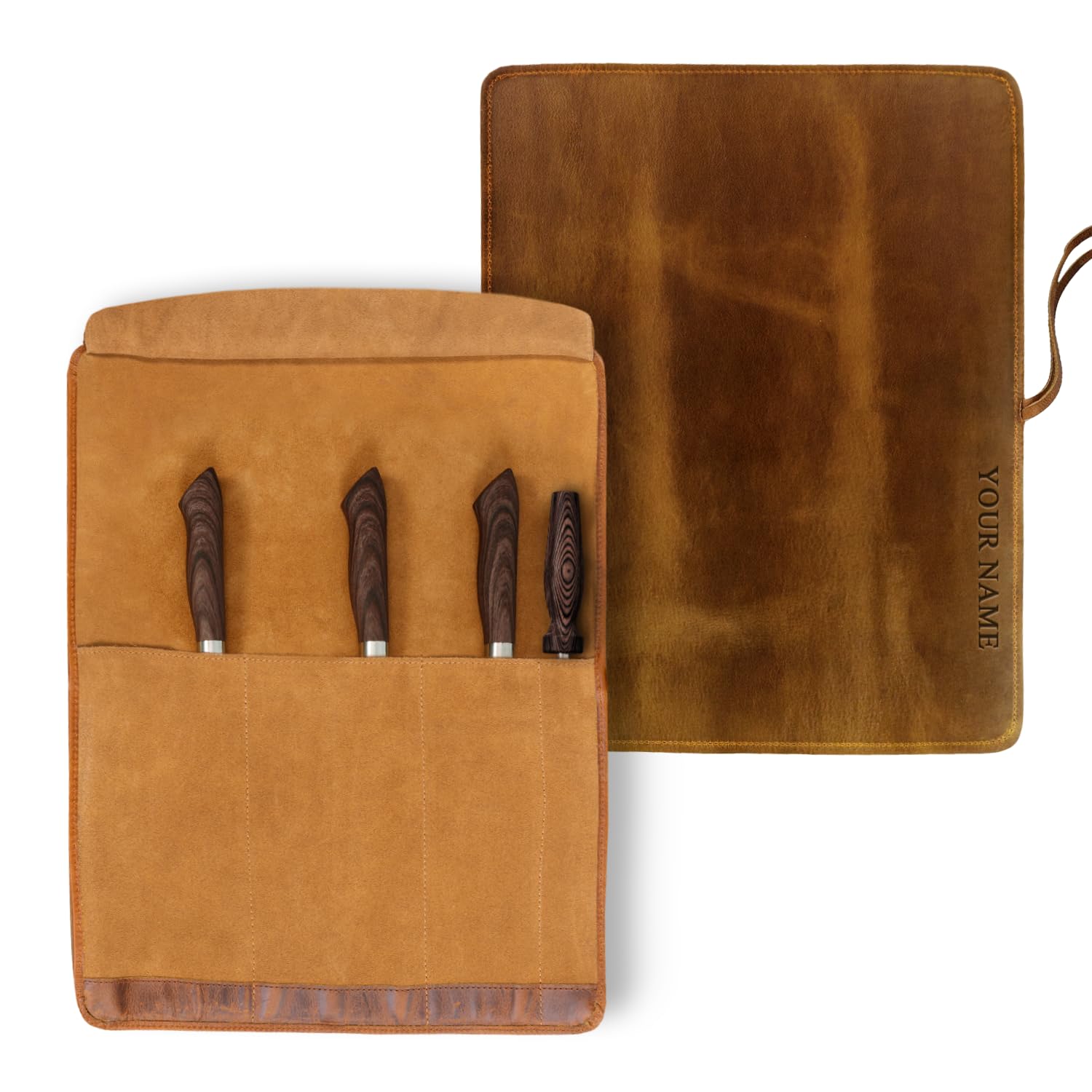 ELIZO Personalized Premium Full Grain Leather Chef Knife Roll, 17L x 14W Inches Knife Storage Travel Case, Professional Custom Monogram Embossed Chef Knife Case - Holds 4 Chef Knives