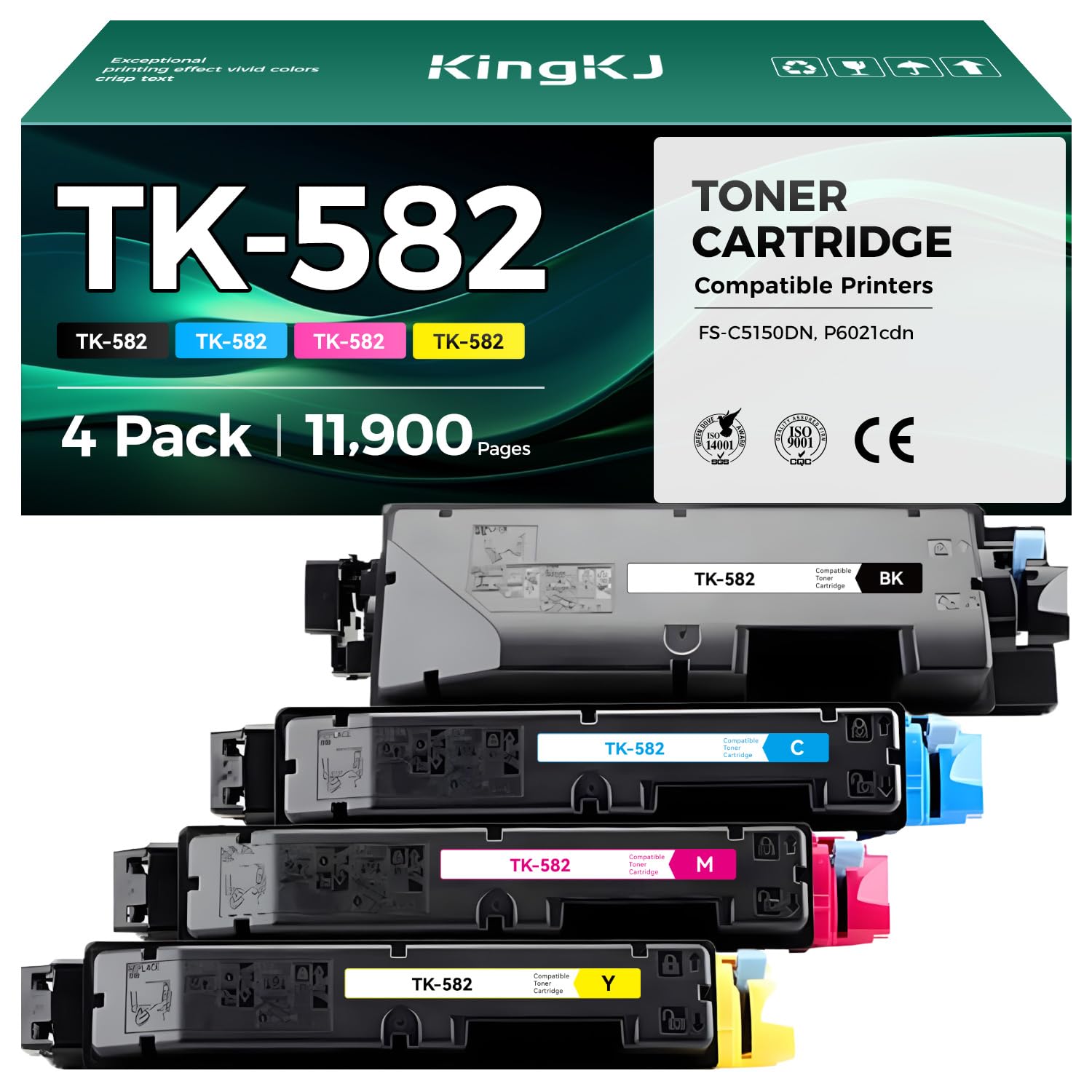 TK-582 TK582 Toner Cartridge Set 4-Pack High Yield Replacement for Kyocera TK-582K TK-582M TK-582C TK-582Y Ink Compatible with Kyocera ECOSYS P6021cdn PRINTER FS-C5150DN Printer Copy Black Color Cyan