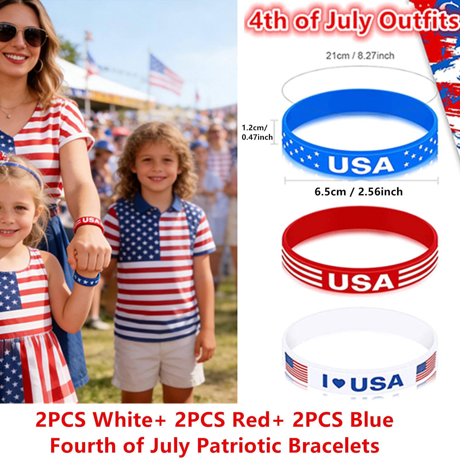 Condition photo showing New/Like New for go ho 4th of july outfits for women men:6 pack silicone bracelets,4th of july accessories,patriotic usa flag red white and blue rubber wristbands for 250 anniversary usa independence day