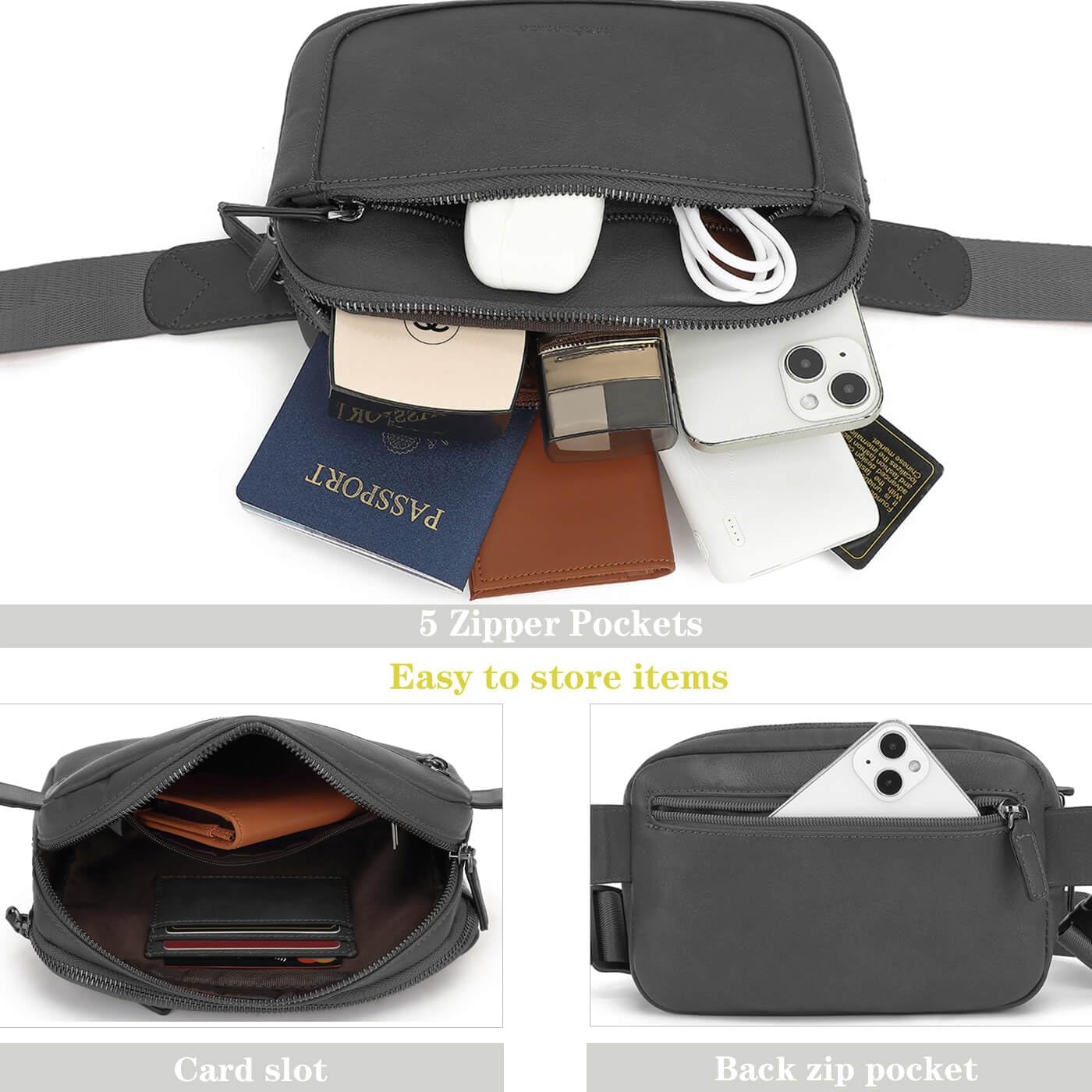 Fanny Packs for Women, Leather Vegan Belt Bag Crossbody Waist Bag Adjustable Strap, Large Fashion Everywhere Belt Bag, Grey