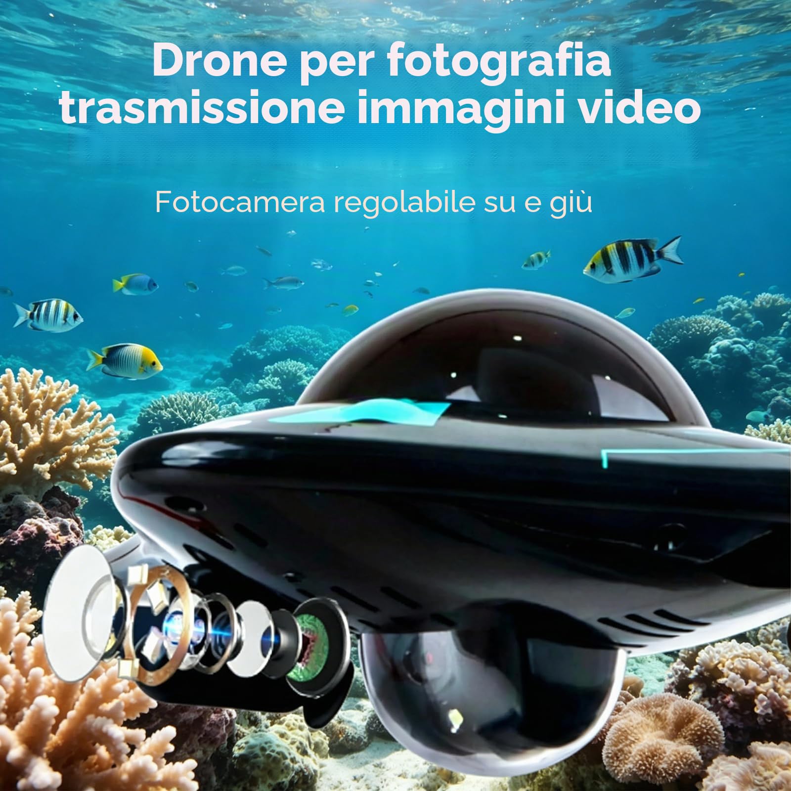 Drone subacqueo con controllo tramite app, drone subacqueo telecomandato con fotocamera HD da 10 m e luci LED, angolo della fotocamera regolabile, per esplorazione subacquea e giocattoli per adulti