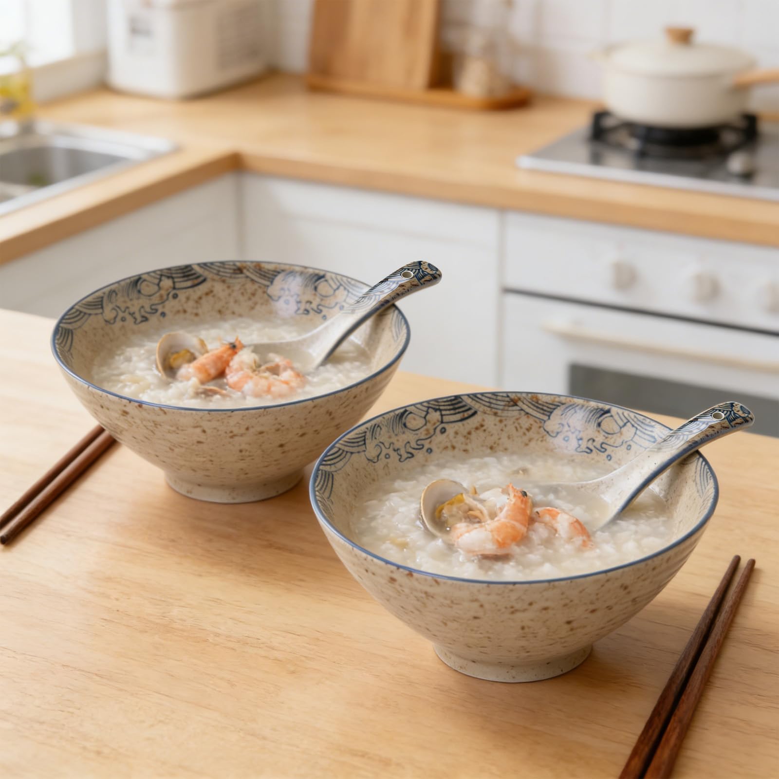 Ramen zestaw 2-częściowy, 2 x 1200 ml ceramiczna miska ramen z pałeczkami i łyżeczkami, duża miska na zupę i salaterkę, zestaw ramen do ramenu, pho, udon, nadaje się do kuchenki mikrofalowej i mycia w