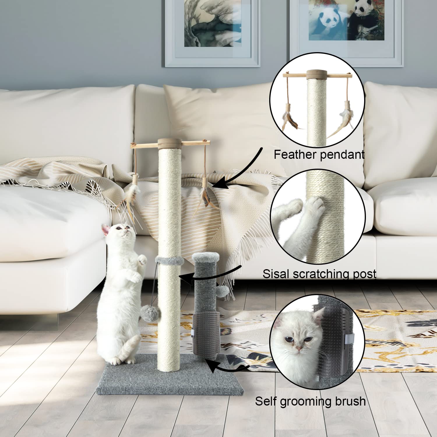 PAWSFANS Cat Scratching Post,Sisal Scratch Posts Scratcher for Indoor Cats and Kittens,with self Grooming Bursh and Interactive Toys Vertical Cat Tree 30Inches Tall Grey