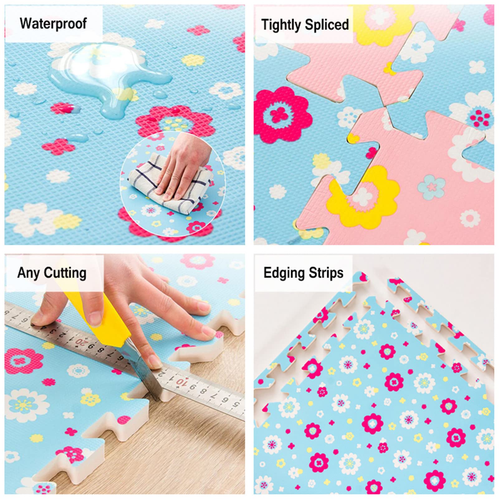 Puzzlespielmatten für Kinder 60x60x1,9cm schadstofffrei Krabbelmatte für Babys Quadrate Teppich ineinandergreifende Schaum Bodenpuzzles,Little Flower Baby spielmatte,Blue+red,6pcs
