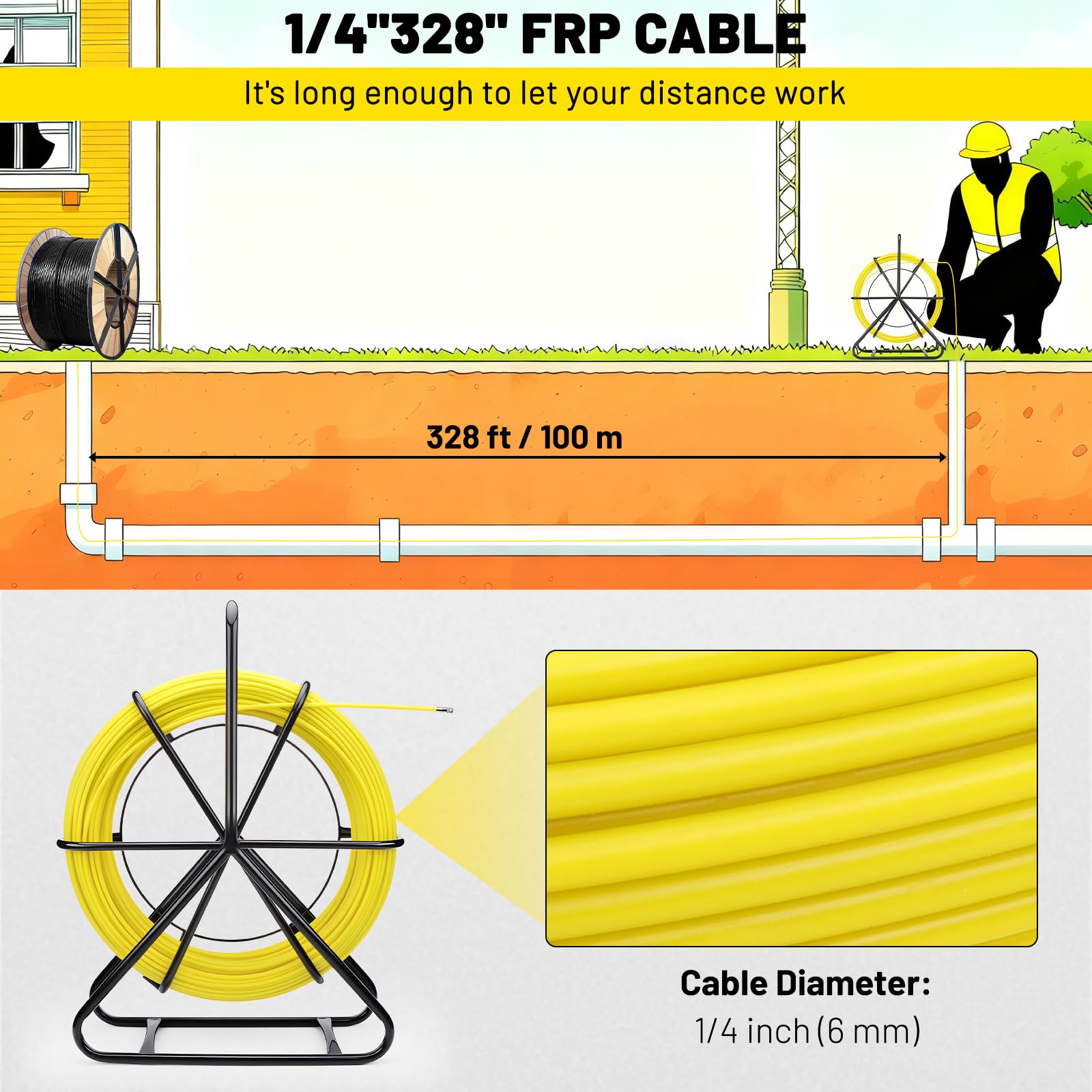 KAOLALI Tige en fibre de verre, bande de poisson, câble en fibre de verre, fil de traction, fil pointu, câble de traction, avec support en acier, enfile-câble