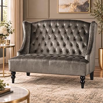 Grey Modern Velvet Loveseat Sofa Couch, 50" Mid - Century Tufted Upholstered Small Love Seat Couch, Curved High Back 3-Seats Couches for Compact Space, Living Room, Apartment 50" Grey