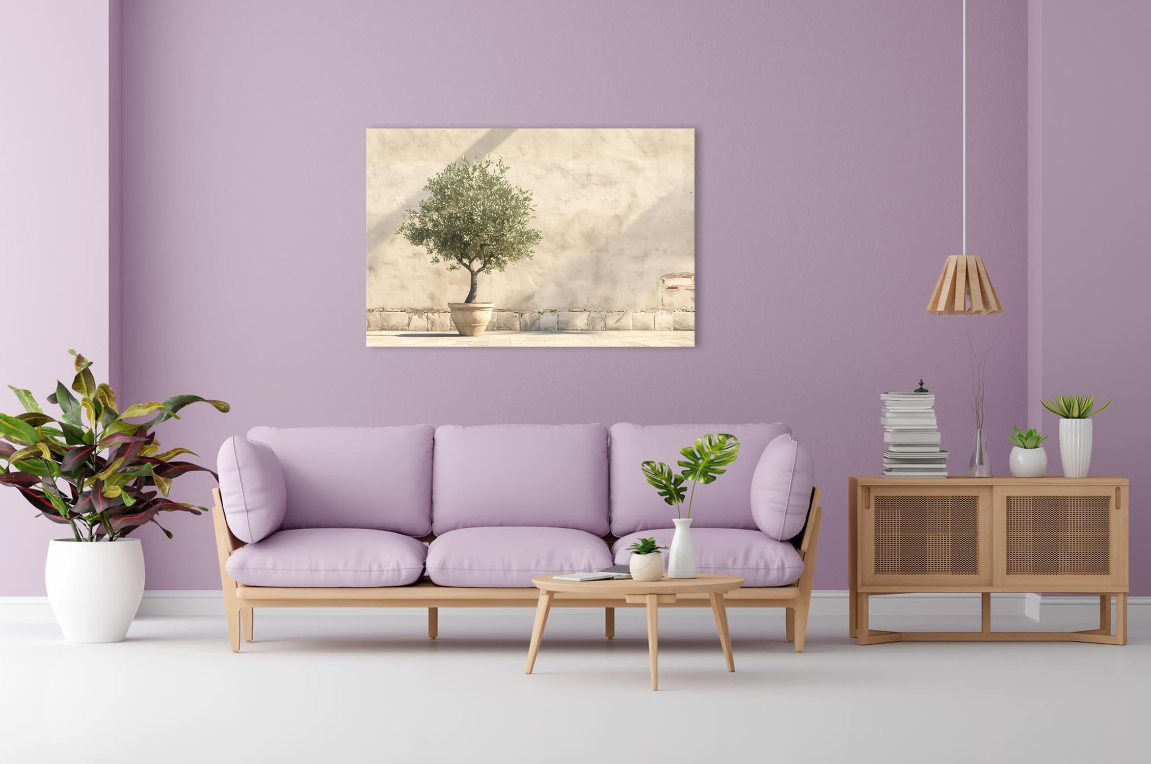 Farbenhorizont Leinwandbild Mediterraner Innenhof mit Olivenbaum, warmes Sonnenlicht Format: 120x80cm XXL Wandbild auf Keilrahmen/Kunstdruck/Bild Wohnzimmer Dekoration