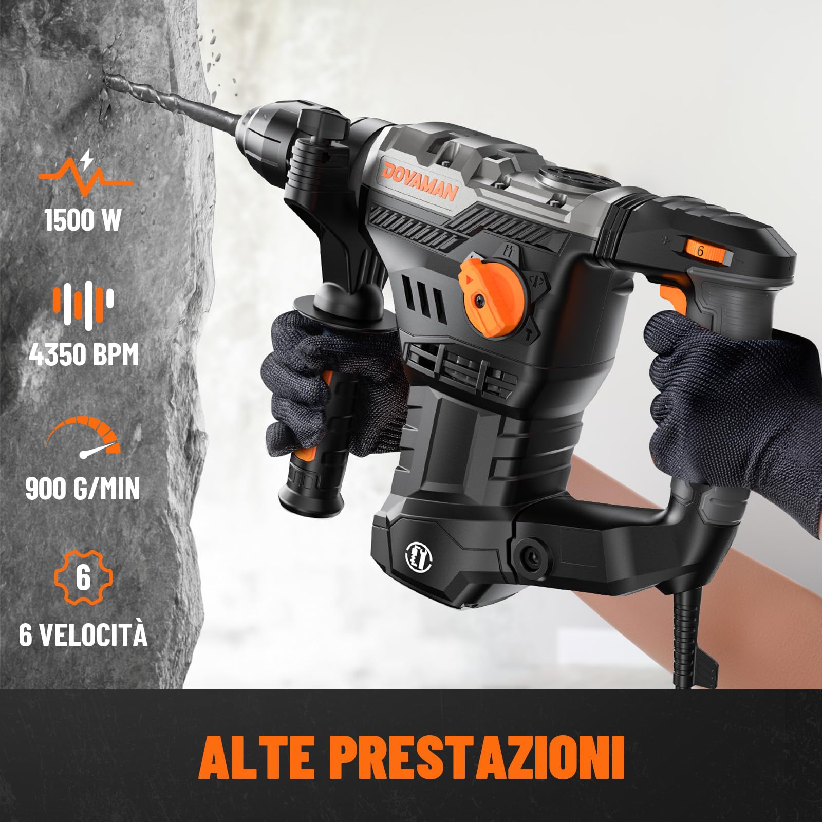 DOVAMAN RH15A Martello Perforatore SDS-Plus, 1500W Martello Demolitore con 4 Funzioni, 4350 bpm, 7J, 900 giri/min, Anti Vibrazioni, Frizione di Sicurezza, con Set Punte e Scalpelli, per Cemento e Muro