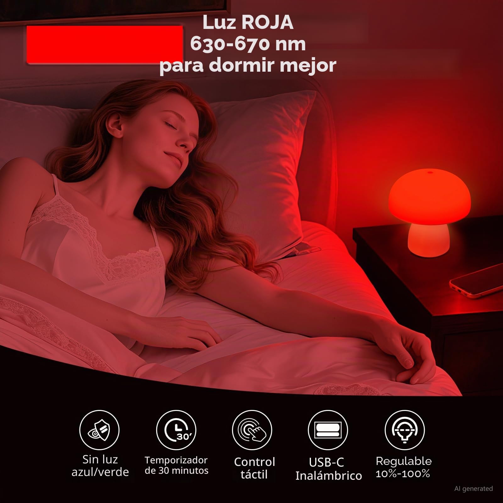 Luz nocturna roja, lámpara de hongo para dormir y relajarse, luz roja regulable de 630 nm con temporizador, control táctil para dormitorio, guardería, yoga, promueve la melatonina