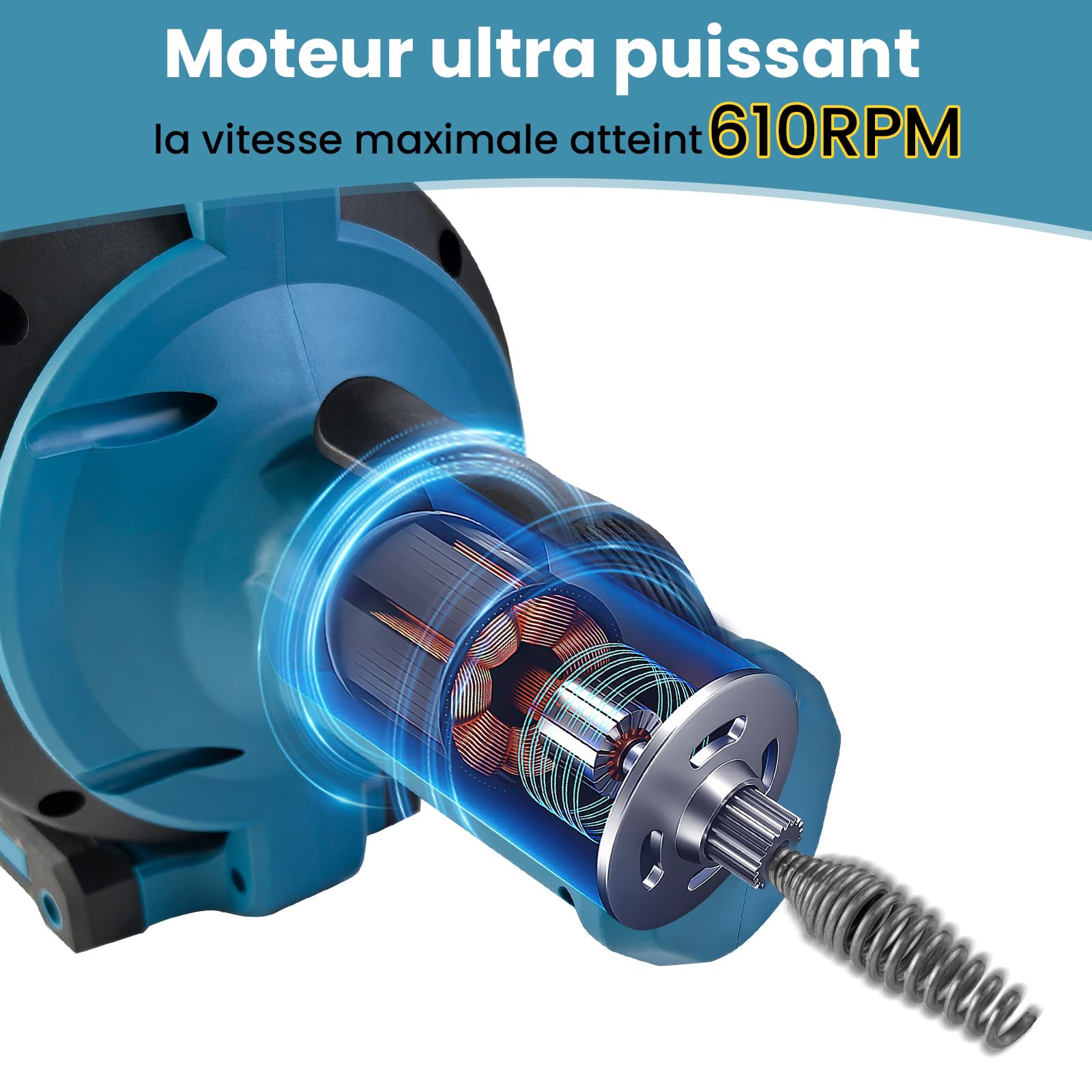 VKE Furet déboucheur de canalisation sans fil, kit nettoyage tuyaux 21V | Câble flexible 7m, adapté tuyaux 20–75mm, livré avec accessoires pour évacuations domestiques