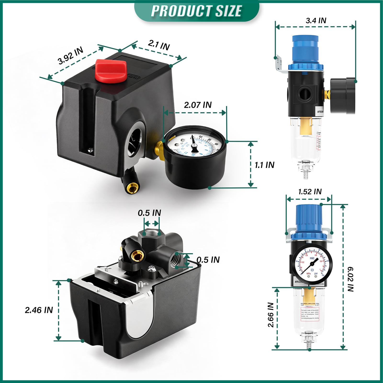 Kit valvola di controllo pressostato compressore d'aria a 4 vie, 120-155 PSI, parti di ricambio per porta laterale, 110 V-240 V, con filtro dell'aria AFR2000 regolatore di pressione e