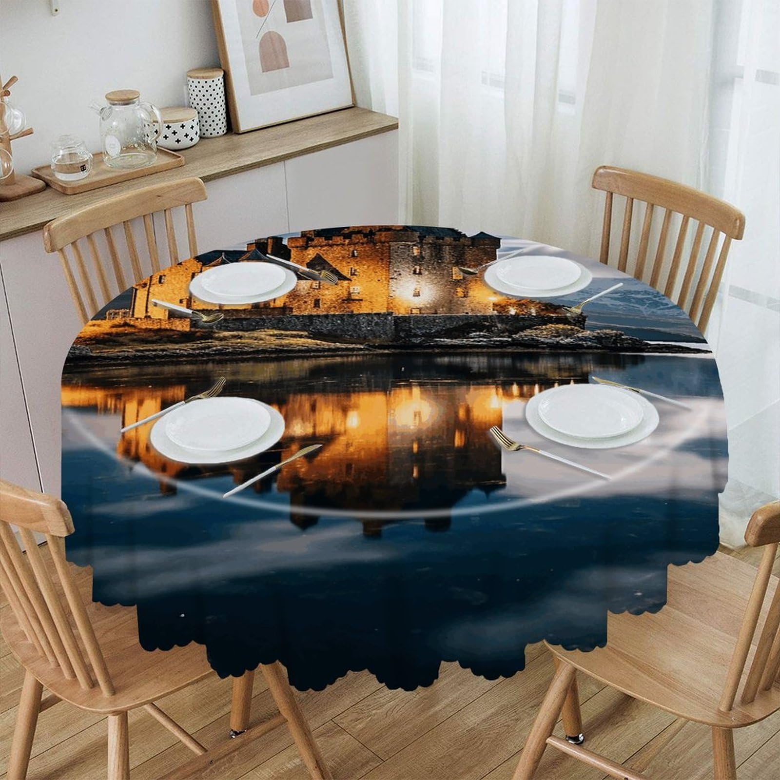 VstaDank A Castle by The Lake Round Tablecloth 60 Inch Easy to Clean Circle Table Cover Thick Decorative Round Polyester Table Cloth for Dining Kitchen Party Farmhouse Outdoor