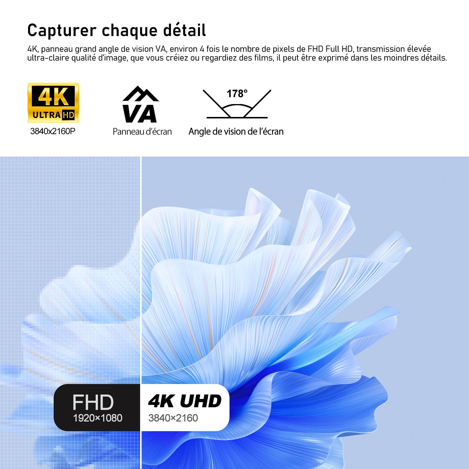 Gawfolk Display PC 4K UHD da 32 pollici, monitor per computer ultra nitido (3840×2160p), 100% sRGB, angolo di visione di 178°, porta HDMI、Display, compatibile con montaggio a parete 100 * 100MM - Nero