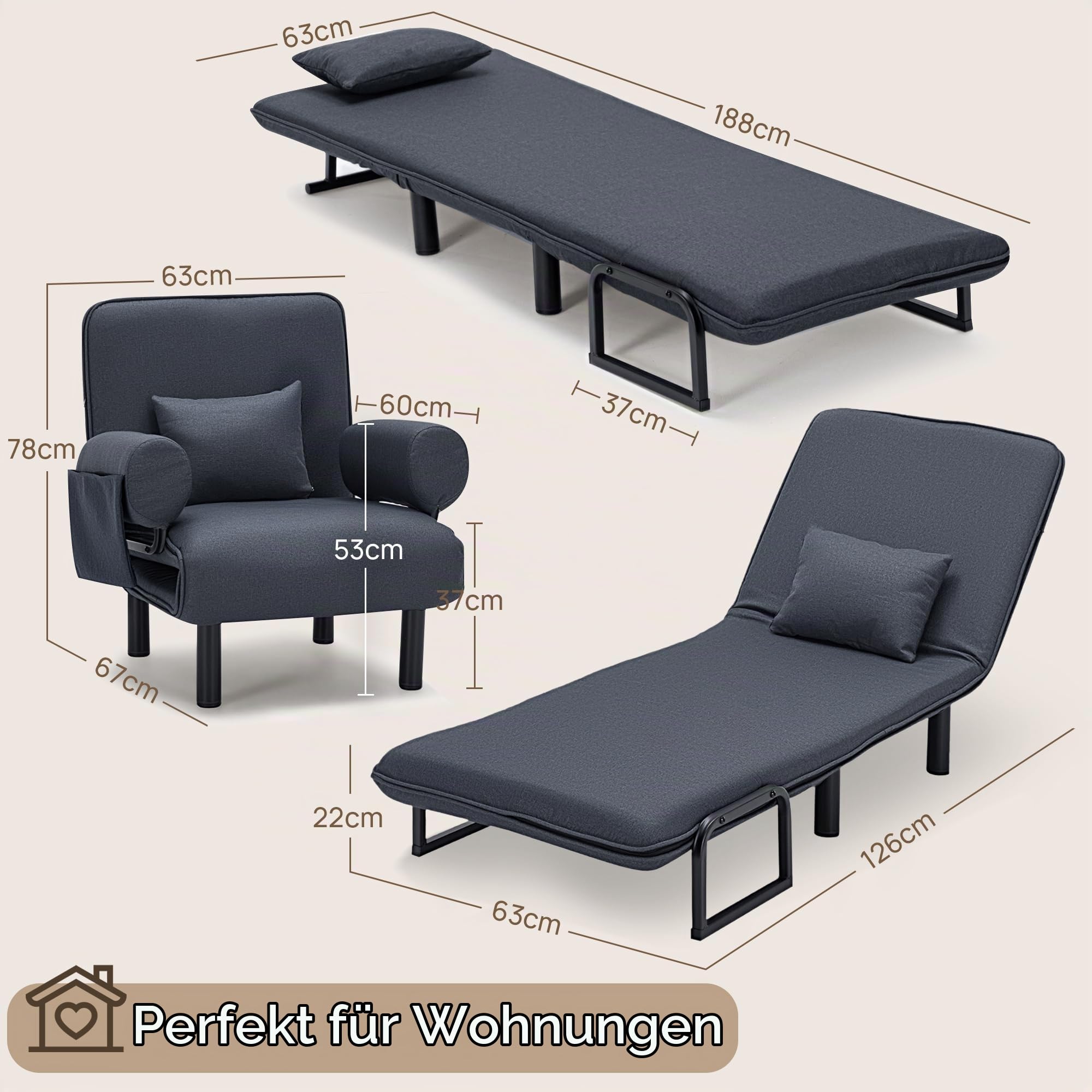 YINIX 4 in 1 Schlafsessel mit Bettfunktion, Klappbar Schlafsofa mit weich gepolsterten Armlehnen & Seitentasche, 6-stufig Verstellbar, Gästebett für Büro & Wohnzimmer, Dunkelgrau (63cm-Einzelsitz)