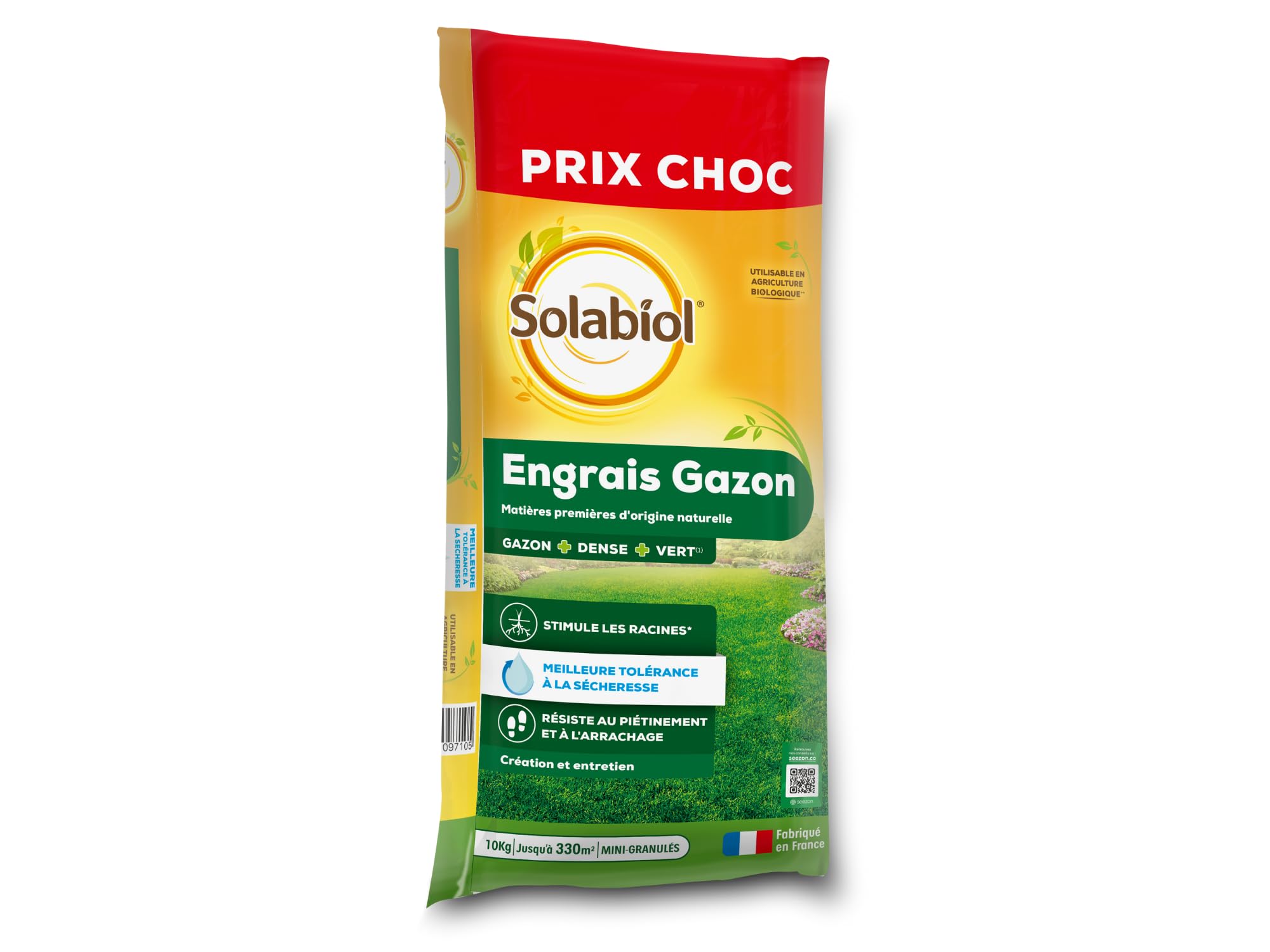 SOLABIOL Engrais Gazon Longue Durée - Sac 10 Kg - Jusqu'à 330m² - Améliore la tolérance à la sécheresse - Résiste au piétinement - Gazon Plus Dense & Plus Vert SOGAZY10BP