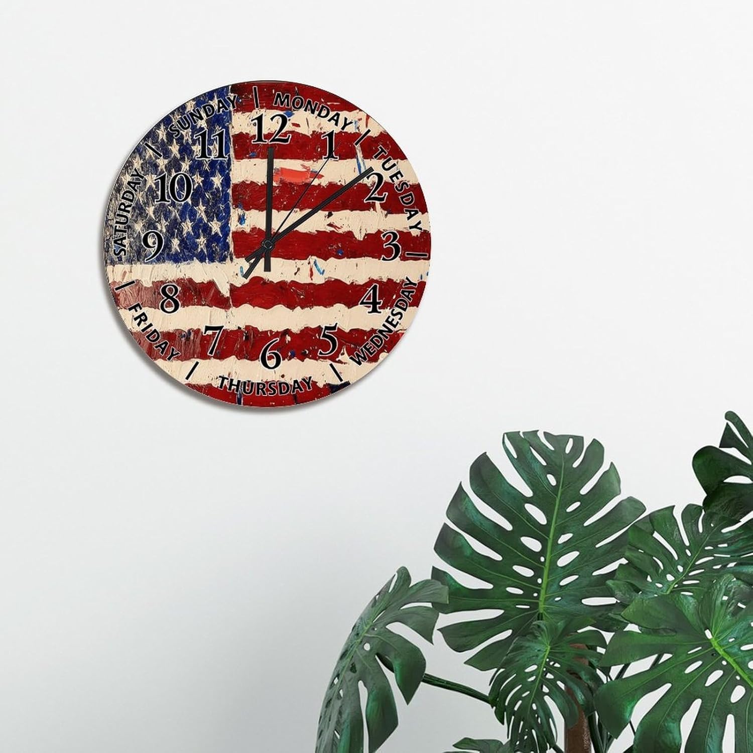 ArogGeld Painting American Flag Wall Clock Day of The Week Patriotic 15 Inch Large Wall Clocks Battery Operated Silent Non-Ticking Retirement Home Decor Kitchen Bedroom Living Room Office