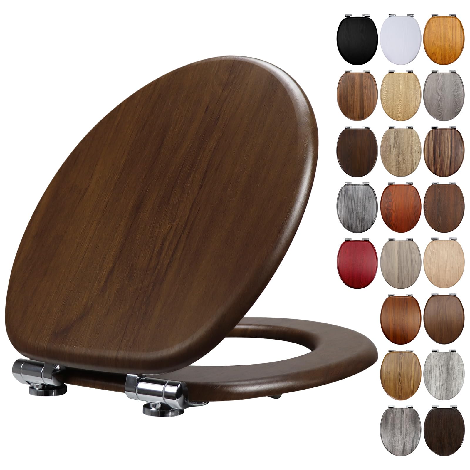 Fanmitrk Toilet Seat Dark Walnut Wooden Soft Close with Adjustable Solid Zinc Alloy Hinges, MDF Wood Oval Toilet Seat with Bottom Fixings, Easy to Clean and Install (JH3704-01) — image 1