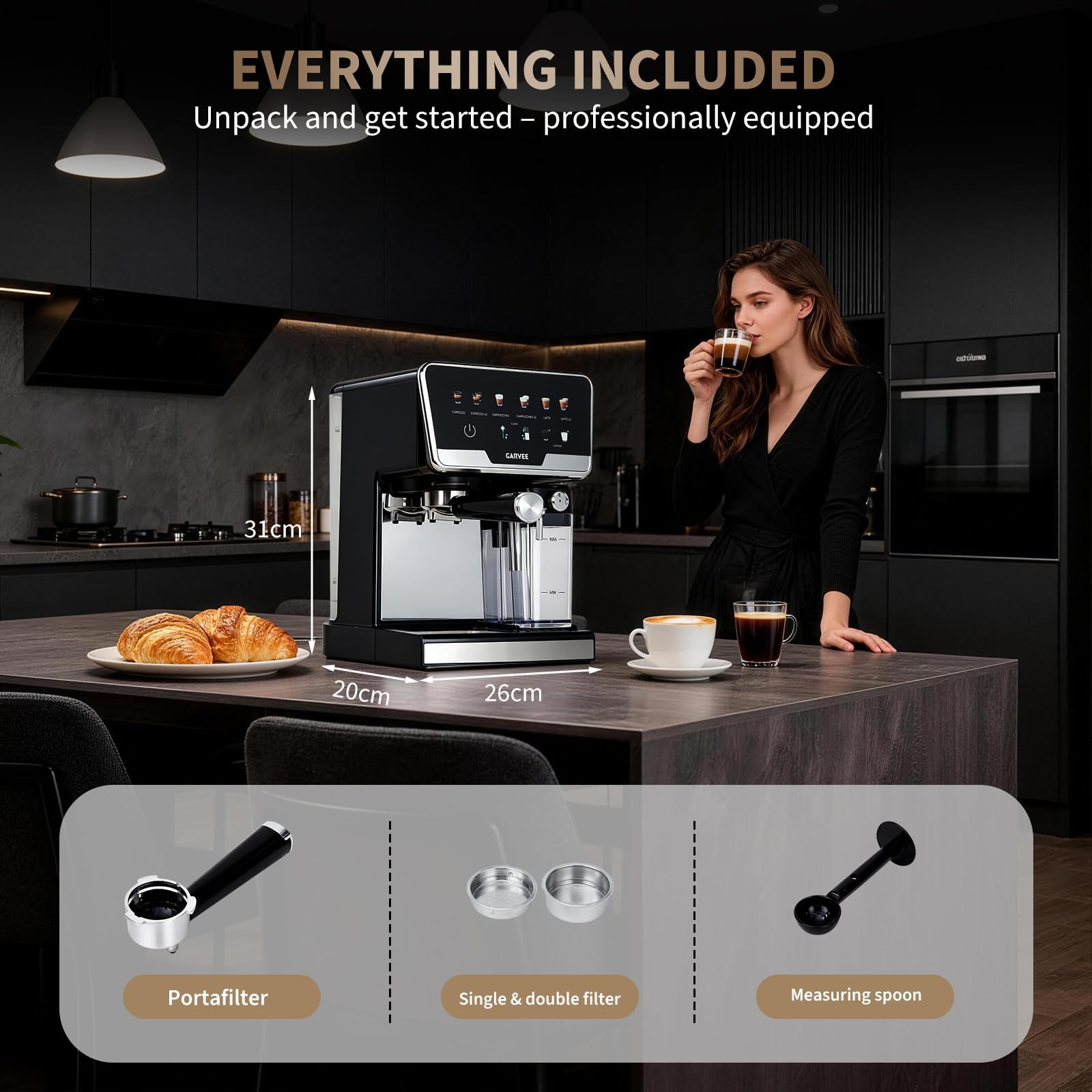 Siebträgermaschine 20 Bar Mit Doppelboiler, Auto-Milchaufschäumer & Selbstreinigung, 1450W Espressomaschine Mit 2L Wassertank & 500ml Milchtank, 6 Programmen & Handmodus Für Cappuccino Latte Espresso