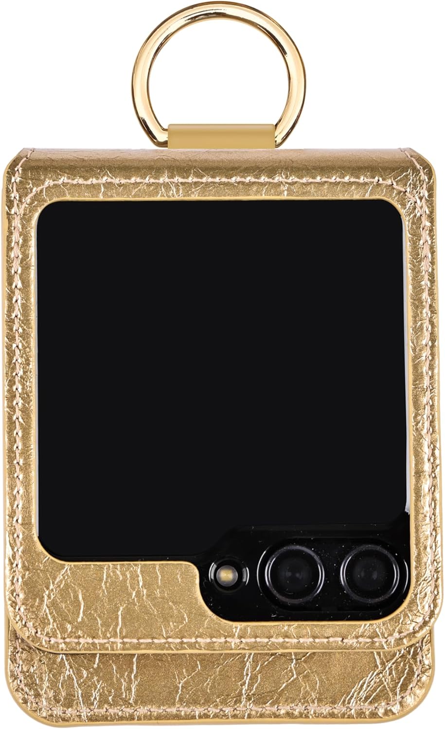 [BeYourSanta] Galaxy Z Flip 5 Case Mars Yard with Card Holder, Camera Cover, and Hinge Protection - Genuine Leather | Ring Holder (Fortuna Gold, Card Holder : 3 Slots)