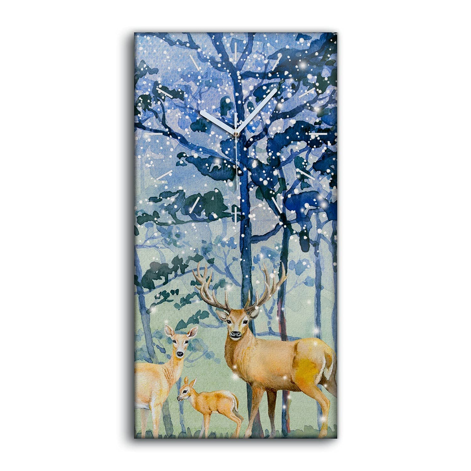 Horloge sur toile 30x60cm salon art moderne cerf forêt hiver sans bruit