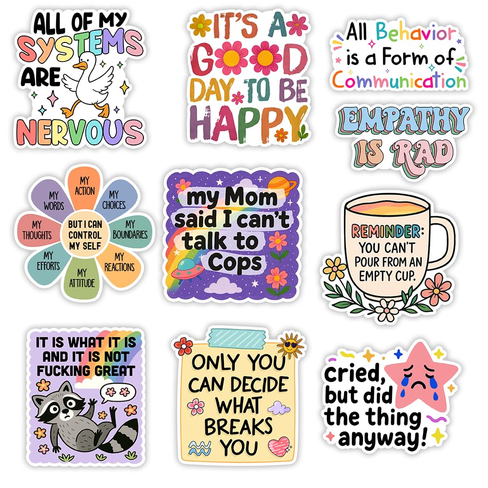 MAIANEY [10Pcs, 3"x3"] Funny Mental Health Stickers, Self Care Vinyl Decal for Laptop, Water Bottle, Journal, Therapy Motivation Quote Stickers for Adults Teens, Aesthetic Waterproof