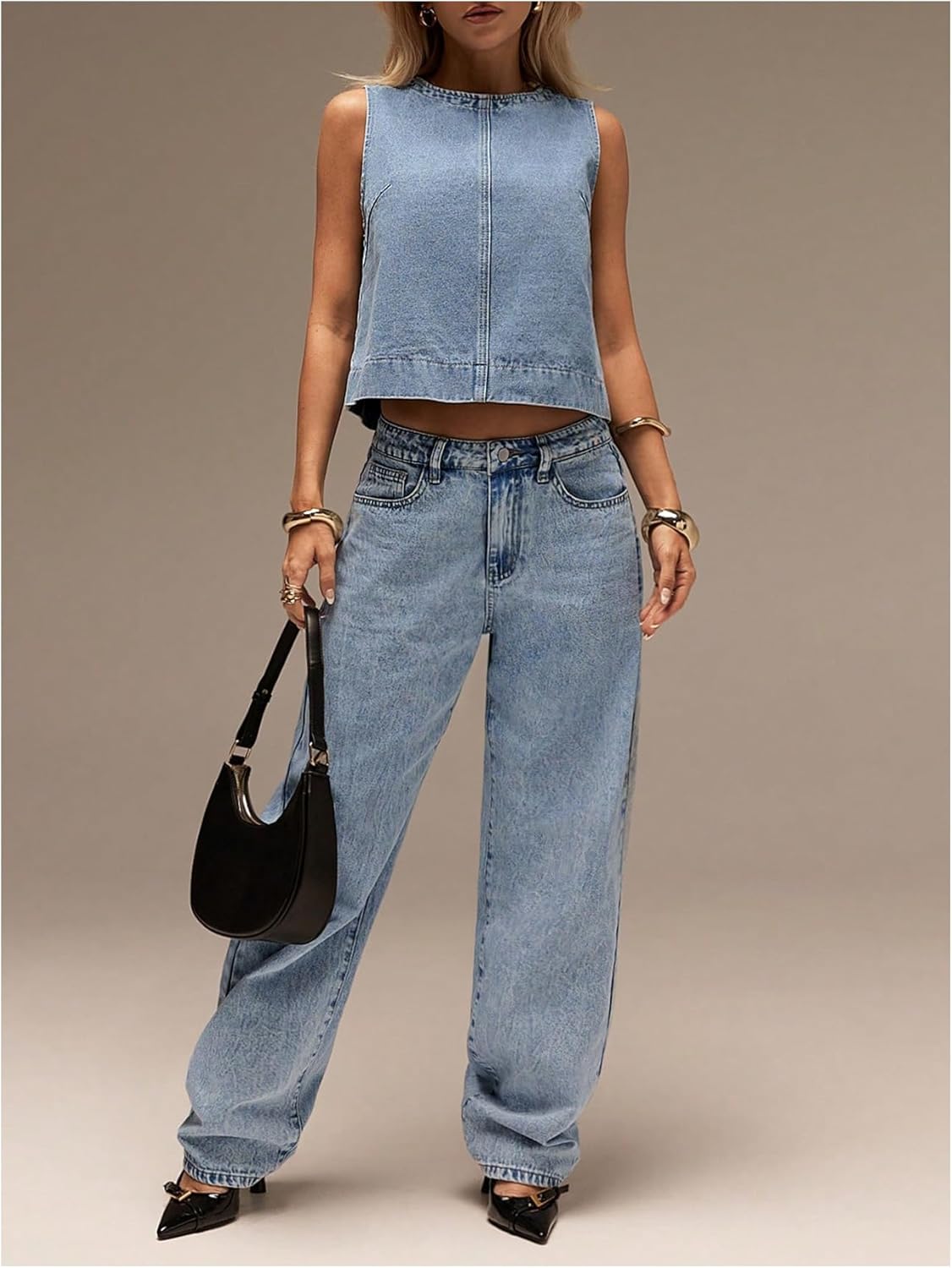 Milumia Women's Denim Vest Tank Top Sleeveless Round Neck Loose Fit Casual Jean Vests Streetwear - Image 3