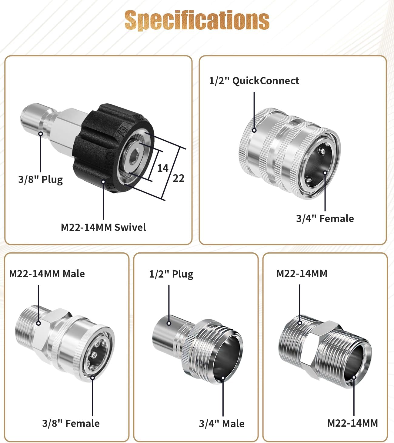 9 PCS Pressure Washer Adapter Set, Quick Disconnect Kit, M22 Swivel to 3/8'' Quick Connect, 3/4" to Quick Release, M22 to M22 Convert