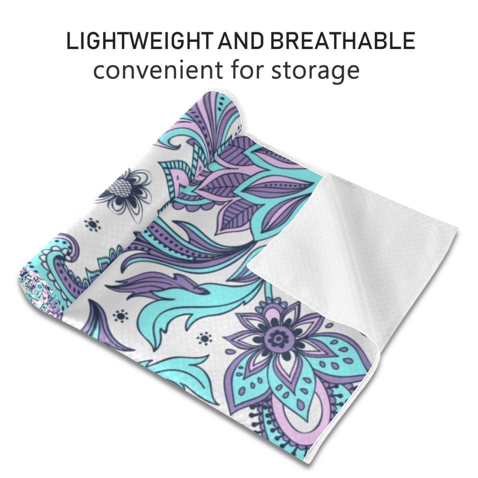 Fygkptb Seamless Purple Turquoise Paisley Flowers Floral Ornament on White Yoga Towel Non Slip Yoga Mat Cloth Foldable Yoga Towel Sweat Absorbent Yoga Towel with Storage Mesh Bag 73 x 27 inch