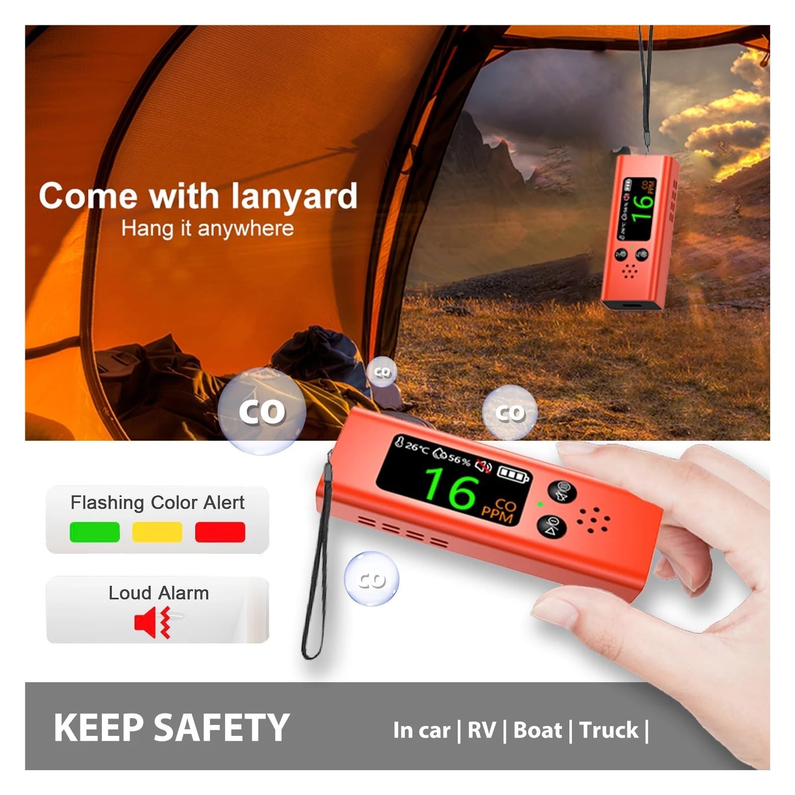 Détecteur de gaz, Détecteur de monoxyde Carbone 3 en 1, détecteur CO Voyage Professionnel, précis et Rechargeable, avec Alarme(Zwart)