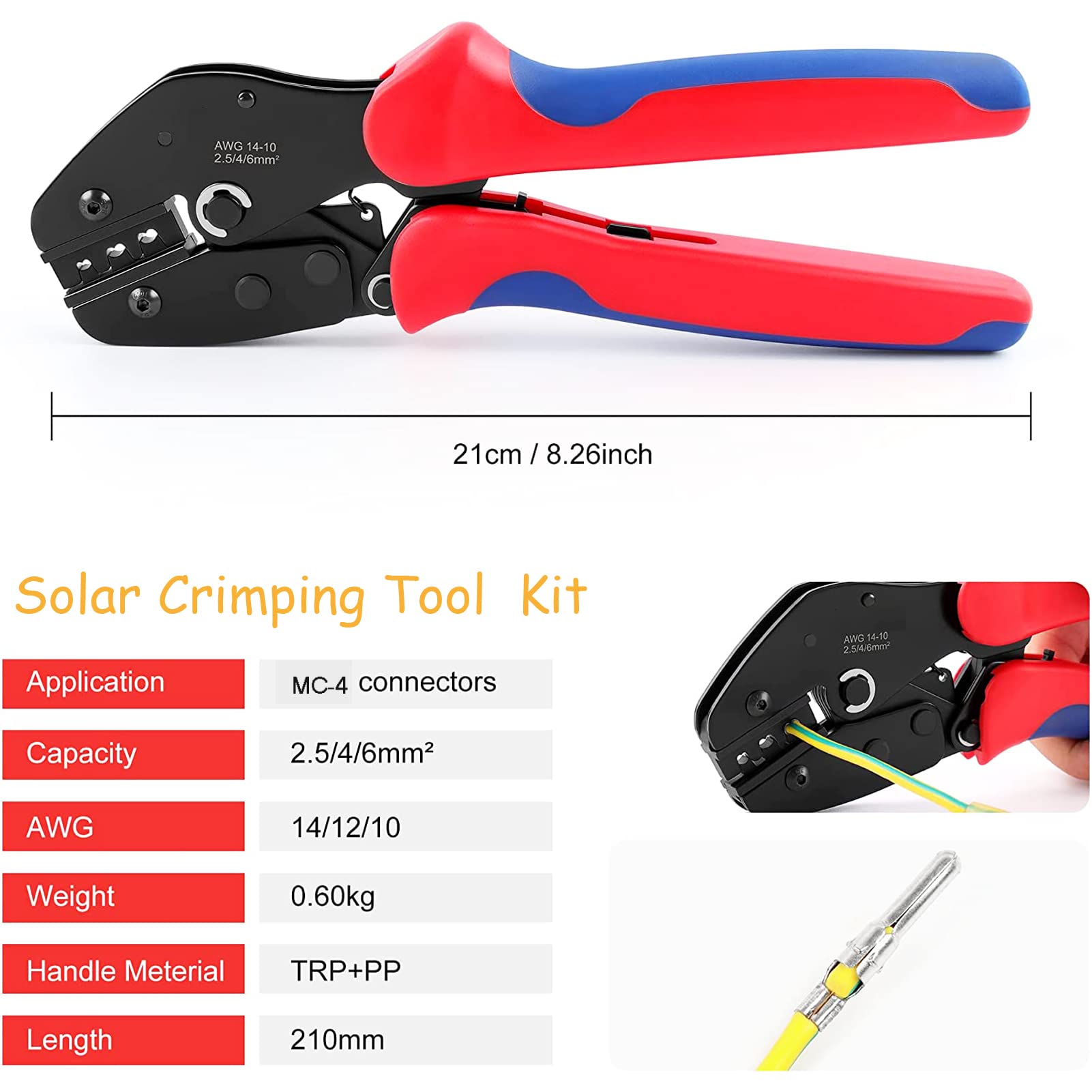 Solar Crimping Tool Cavo Connettore, con 6pcs Maschio Connettore Solare Femminile + 2pcs Chiave Chiave Chiave + 1pcs Filo Crimpatore + 1pcs Tool Kit per 2.5/4/6mm² Filo Solare PV