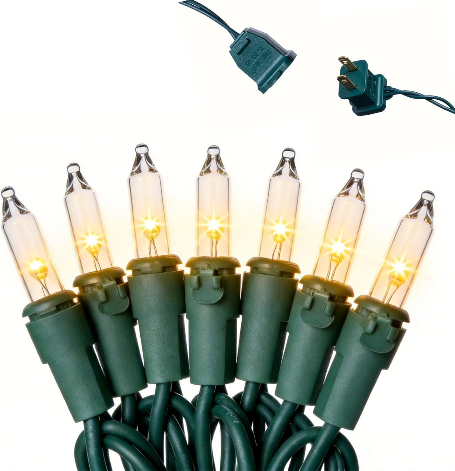 Mini Clear Christmas String Lights 52ft 200LED Warm White Outdoor String Lights, Fairy Lights Connectable Green Wire UL Certified (Includes 2 Spare Fuses & 4 Bulbs)