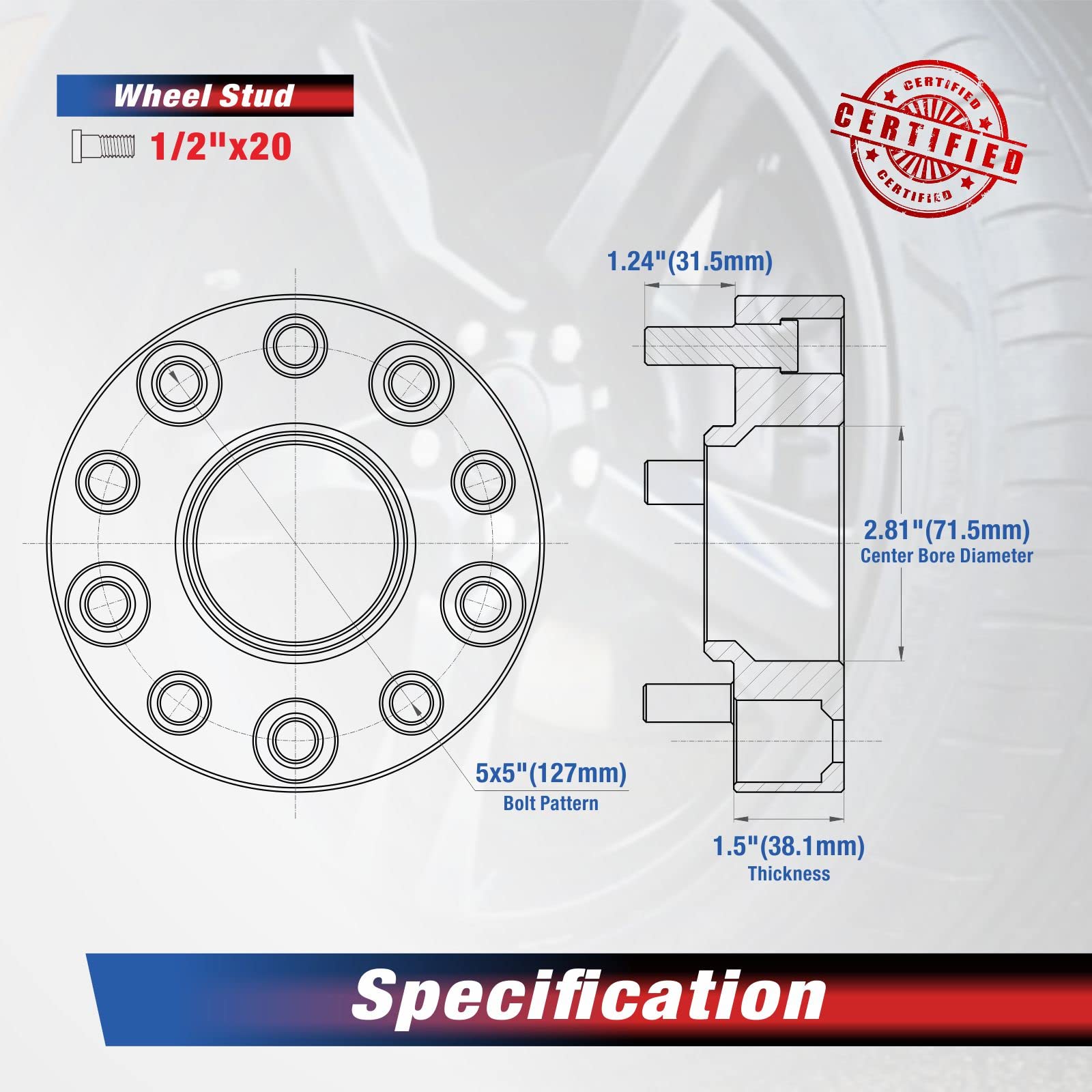 moca♡　0527 MOCA 38.1mm 5x127 Hubcentric Wheel Spacers (71.5mm Bore) - 1/2
