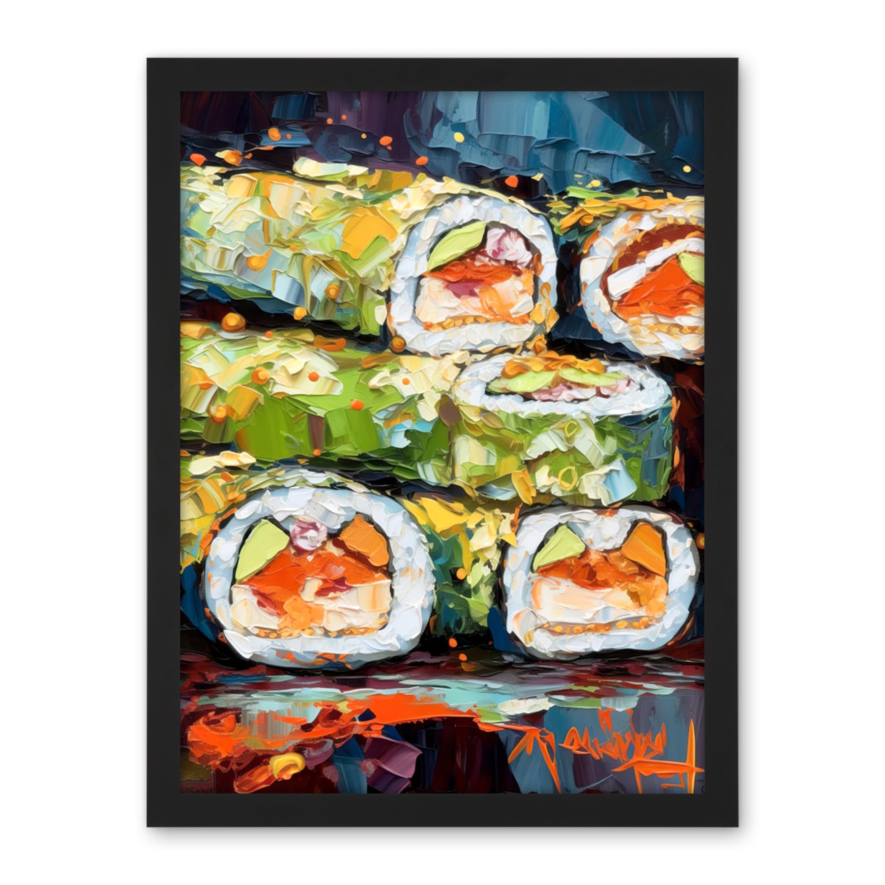 Artery8 Vibrant Japanese Cuisine Sushi Roll Oil Painting Artwork Framed Wall Art Print 18X24 Inch