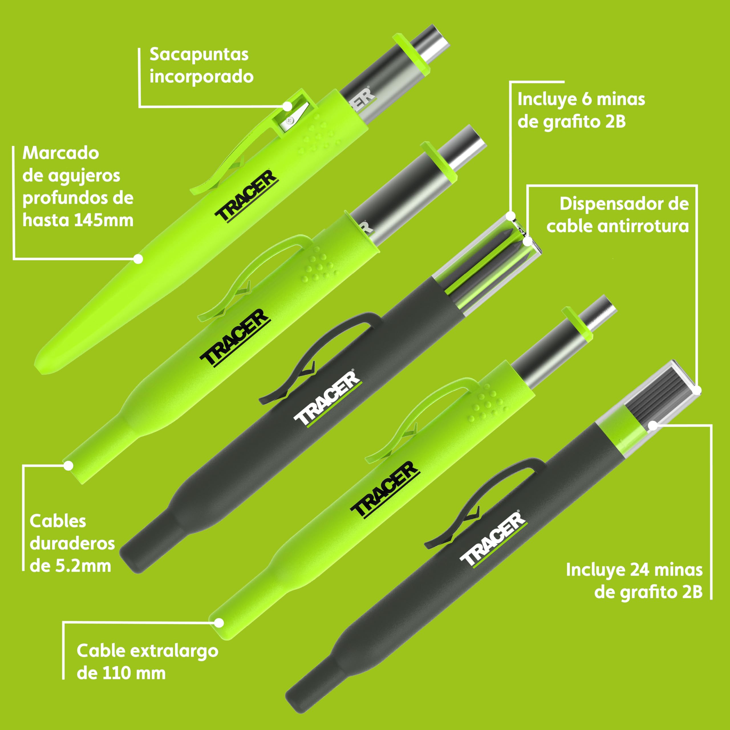 Tracer Pro Series - Kit de marcadores de construcción de 5 piezas con estuche de almacenamiento, lápiz de carpintero de agujero profundo y lápiz de precisión