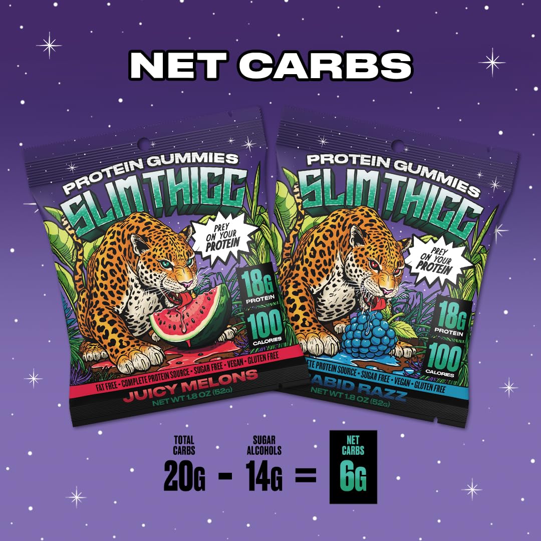 SlimThicc Protein Gummies 6-Pack – 18g Protein, 100 Calories, Zero Sugar – Rabid Razz & Juicy Melon – Vegan, Gluten-Free, Non-GMO, High-Protein Candy