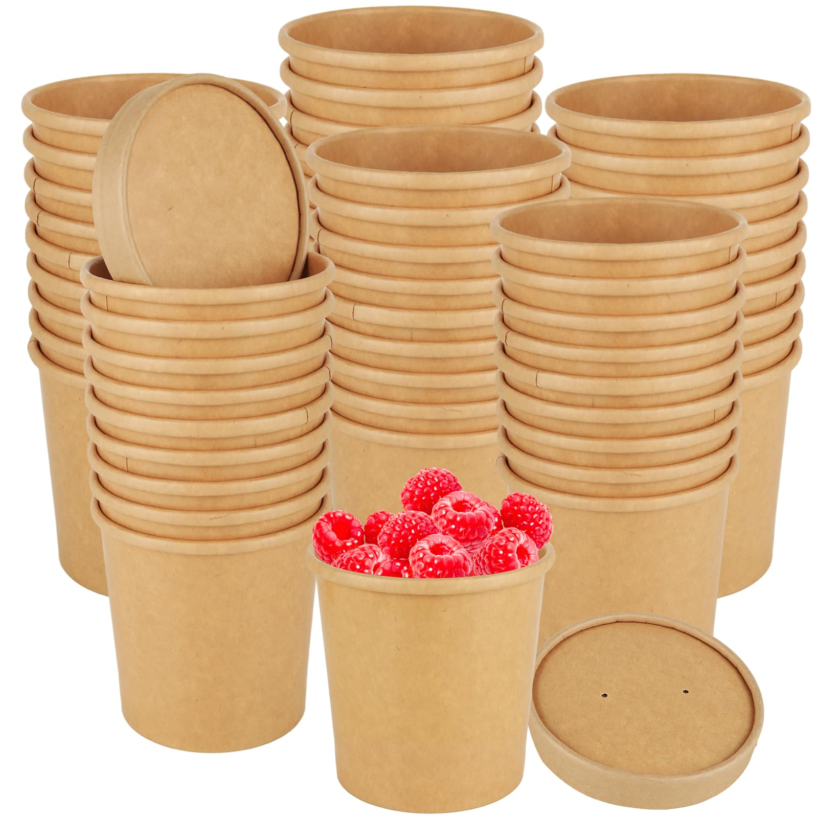 Tazze da Zuppa usa e getta Kraft 350 ml con Coperchio, Ciotole di Carta da Asporto