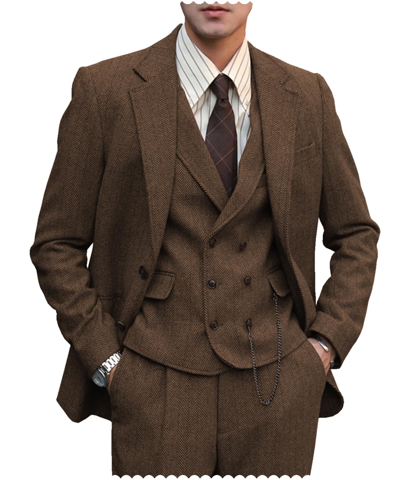Photo 1 of Tuikayoo Mens Formal Tweed Wool 3 Piece Wedding Slim Fit Suit Prom Tuxedos Groomsmen?Brown?L?